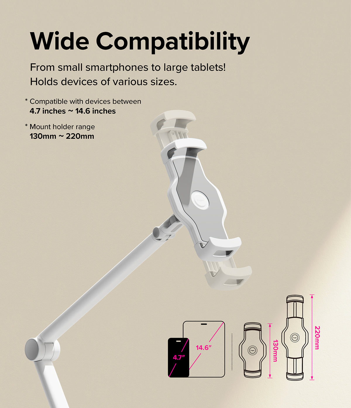 Ringke Clamp Holder - Adjustable white tablet and phone stand showing compatibility range from 130mm to 220mm.