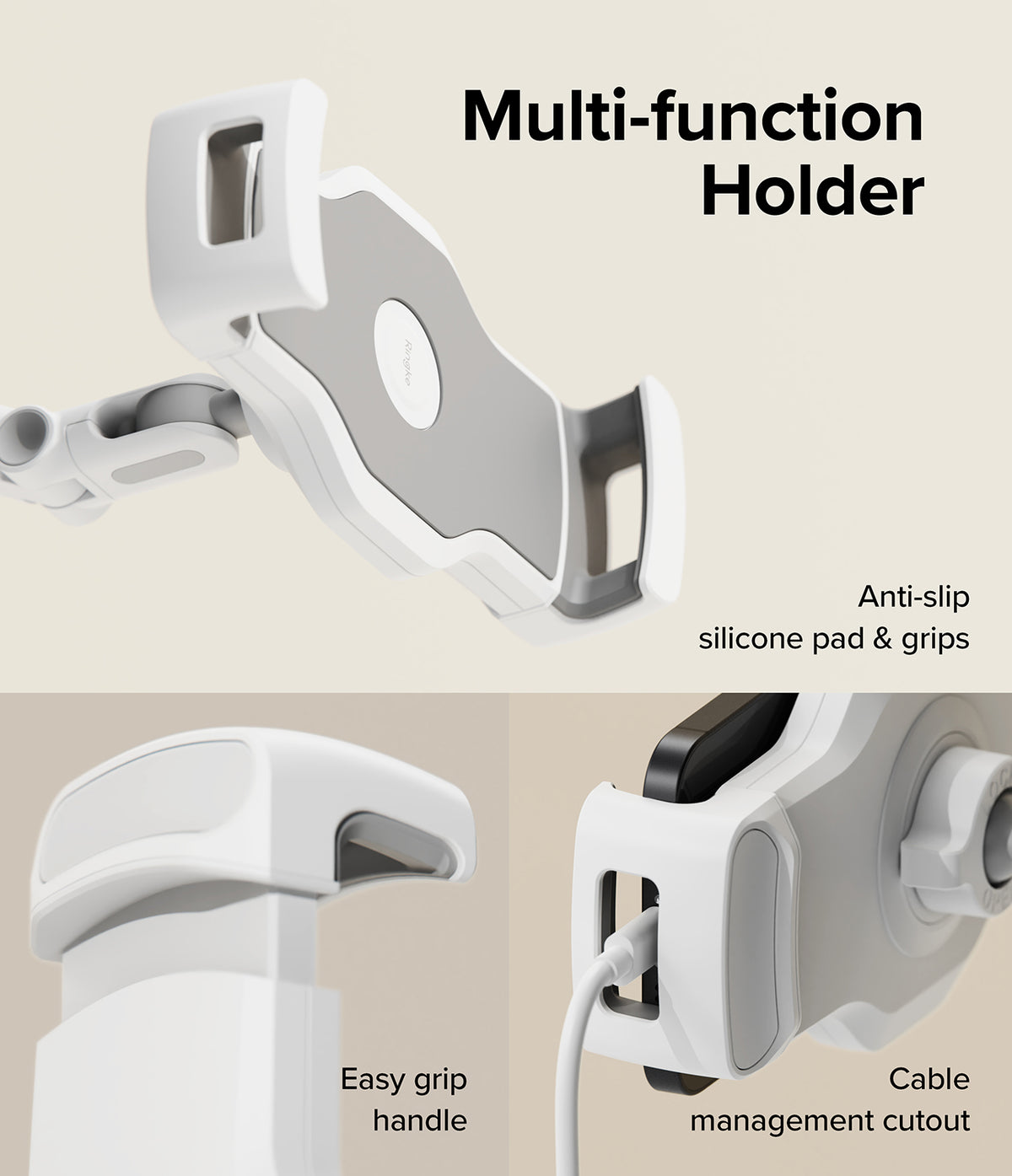 Ringke Clamp Holder - White phone mount featuring anti-slip silicone pads, an easy-grip handle, and a cable management cutout.