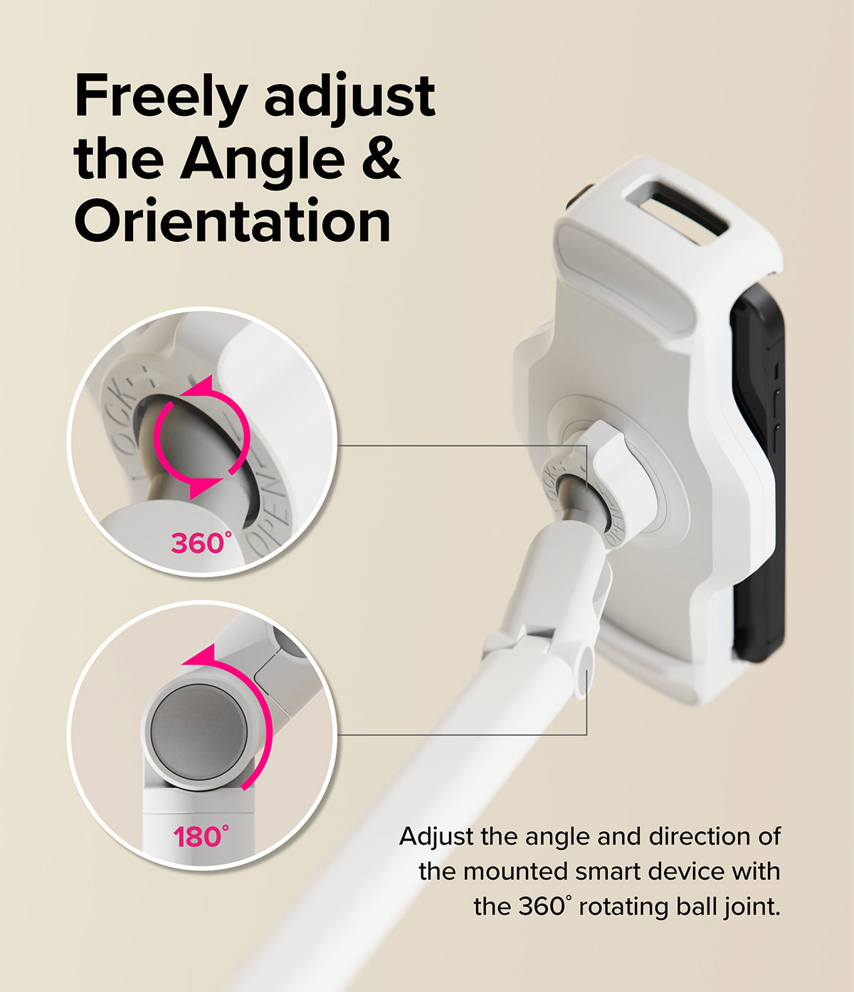 Ringke Clamp Holder - White phone stand showing 360-degree ball joint rotation and 180-degree arm adjustment.