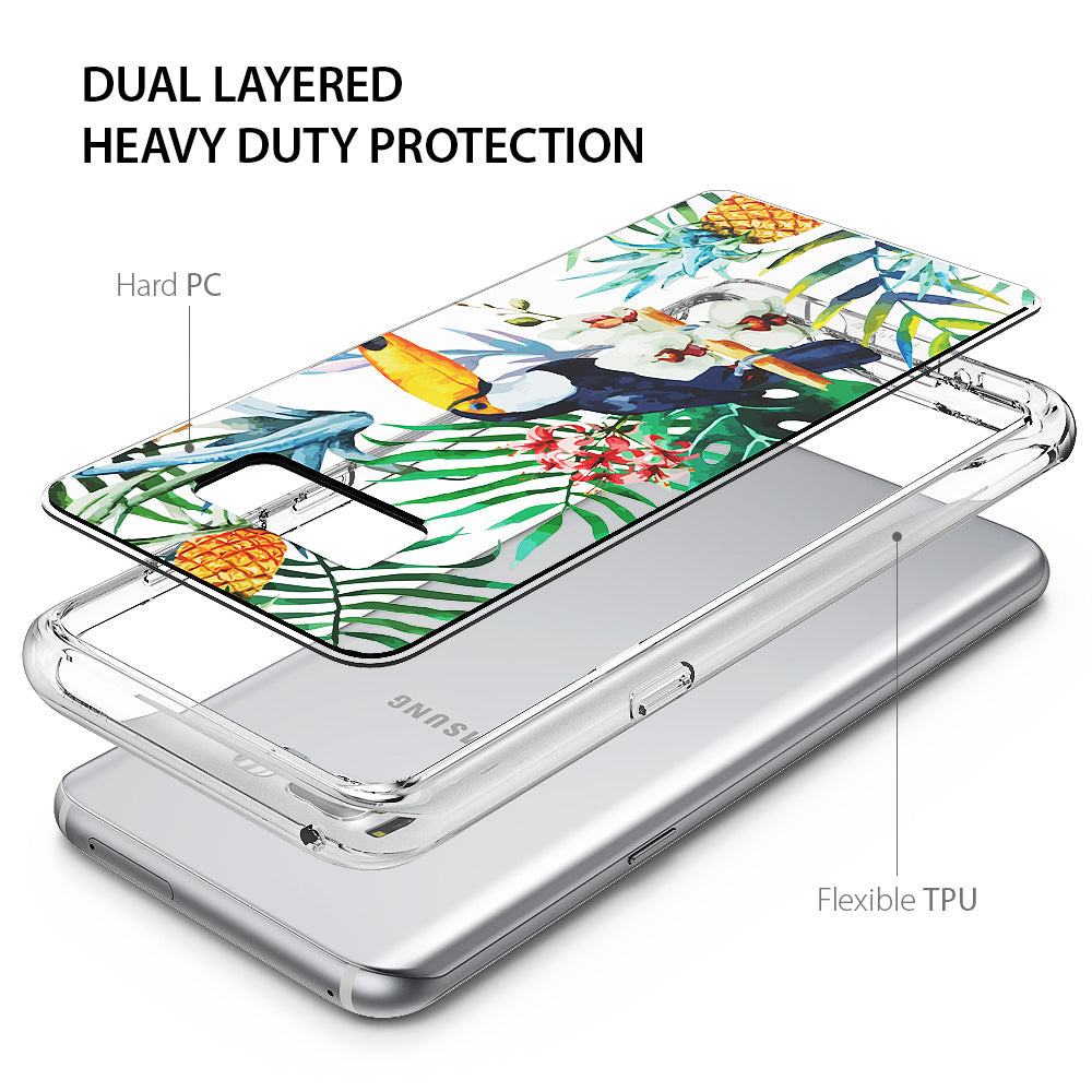 Galaxy S8 Plus Case | Fusion Deco - Exploded view of a dual-layer phone case with a tropical toucan and pineapple print.
