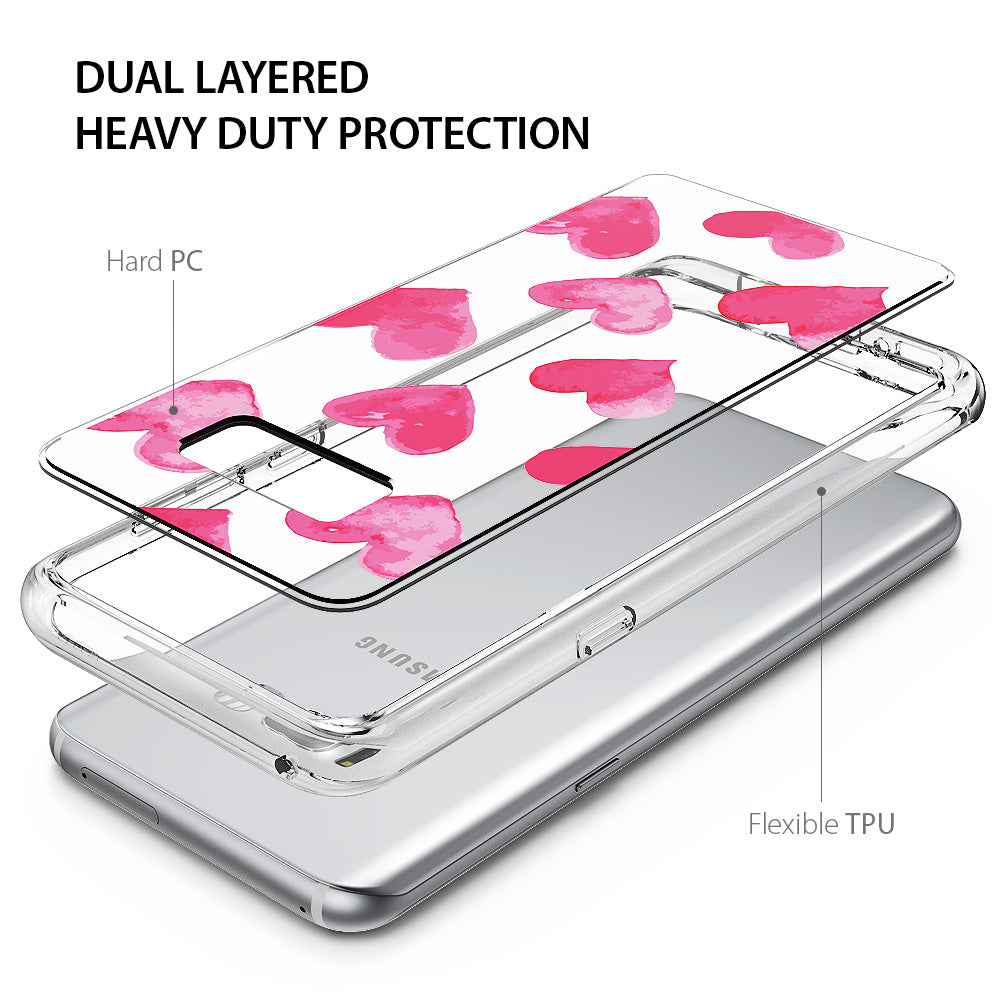 Galaxy S8 Case | Fusion Deco - Exploded view of a dual-layered phone case with pink watercolor hearts on a clear back.