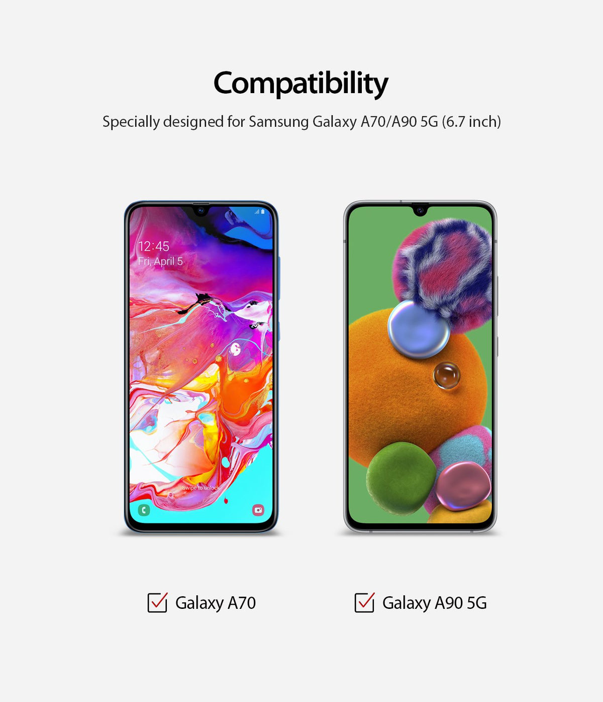 Galaxy A70 Screen Protector | Dual Easy Film - Compatibility chart showing Samsung Galaxy A70 and A90 5G smartphones.