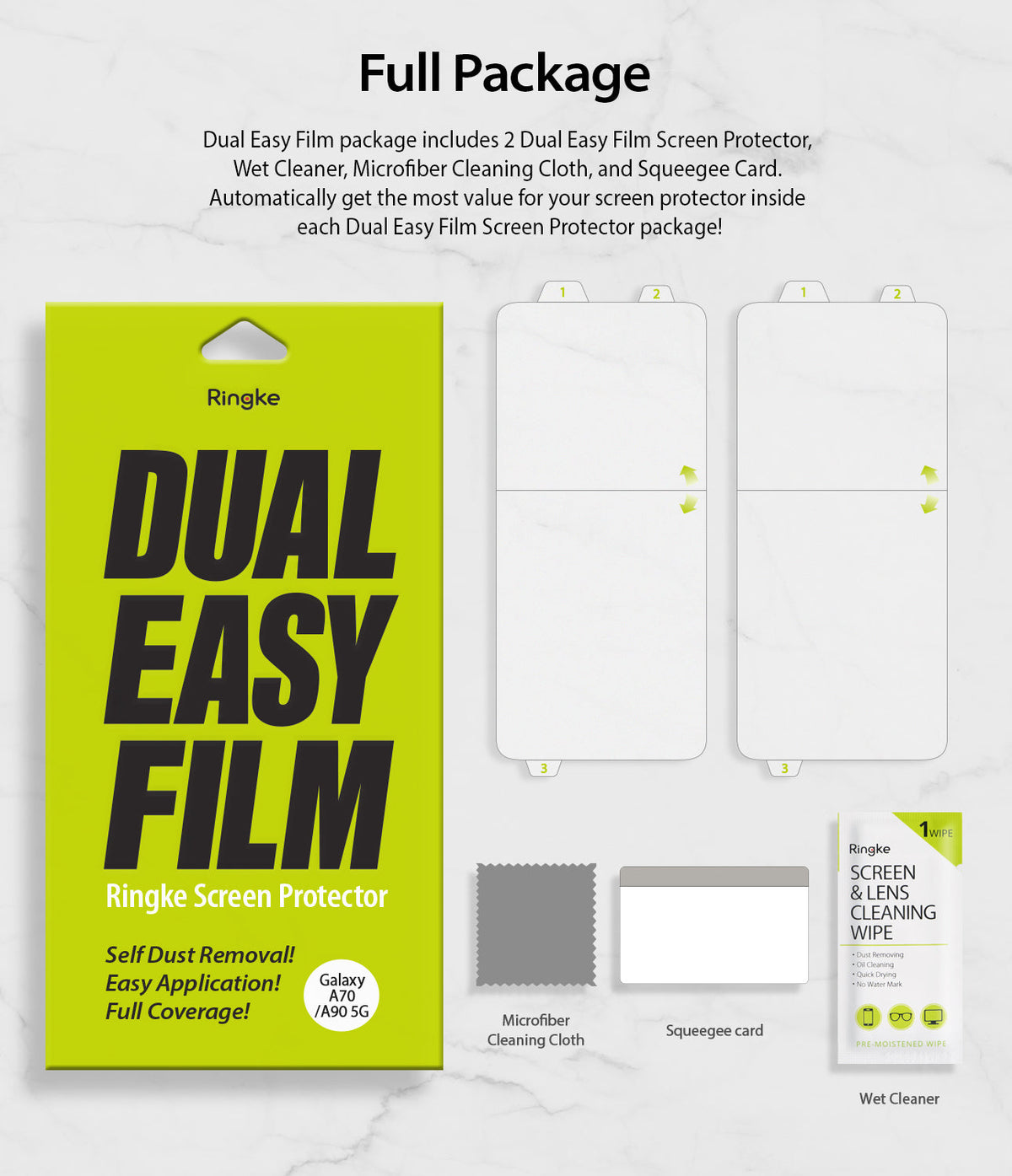 Galaxy A70 Screen Protector | Dual Easy Film - Package contents including two screen protectors, cloth, squeegee, and wipe.