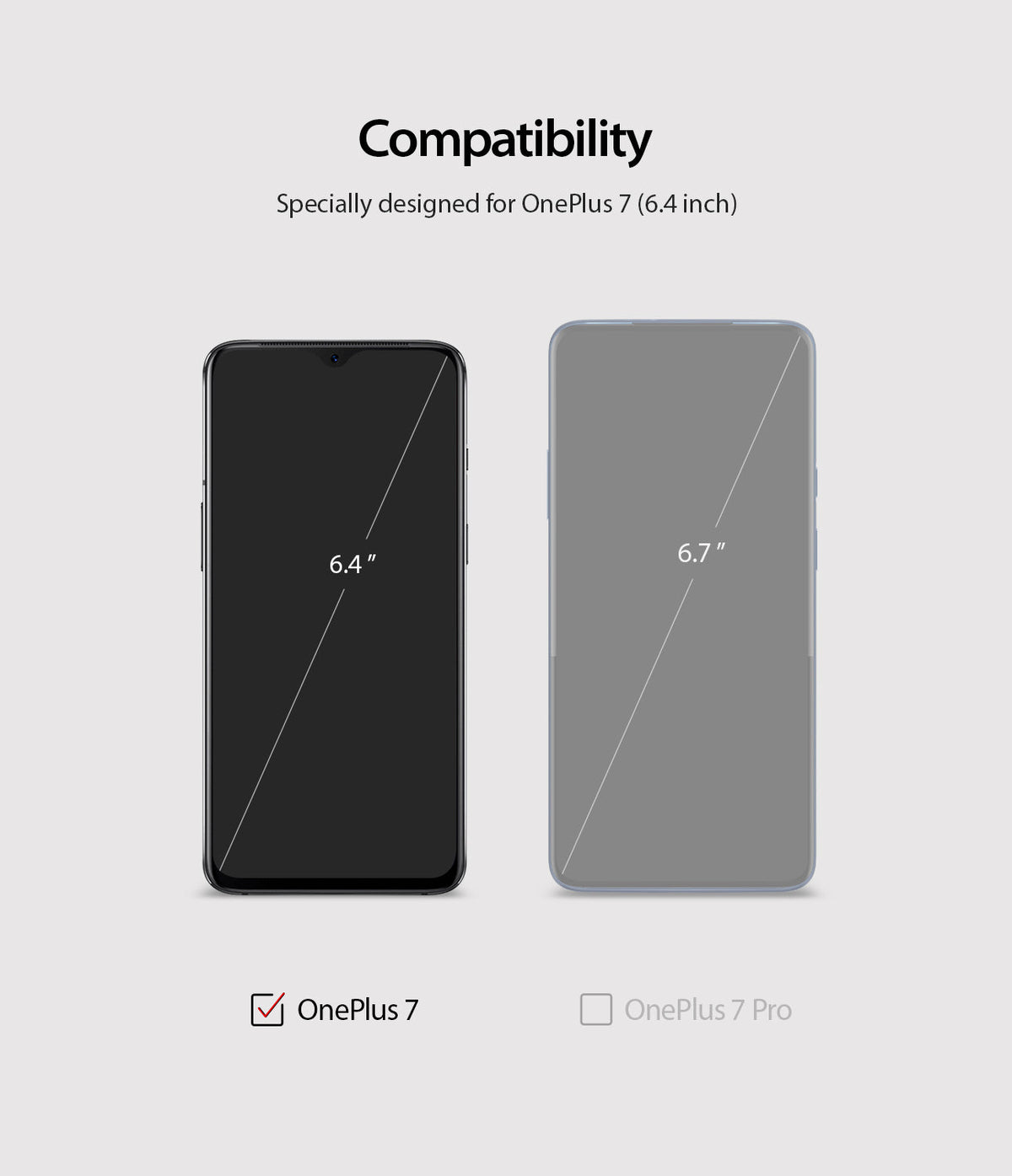 OnePlus 7 Screen Protector | Dual Easy Film - Comparison graphic showing a 6.4-inch OnePlus 7 and a 6.7-inch OnePlus 7 Pro.
