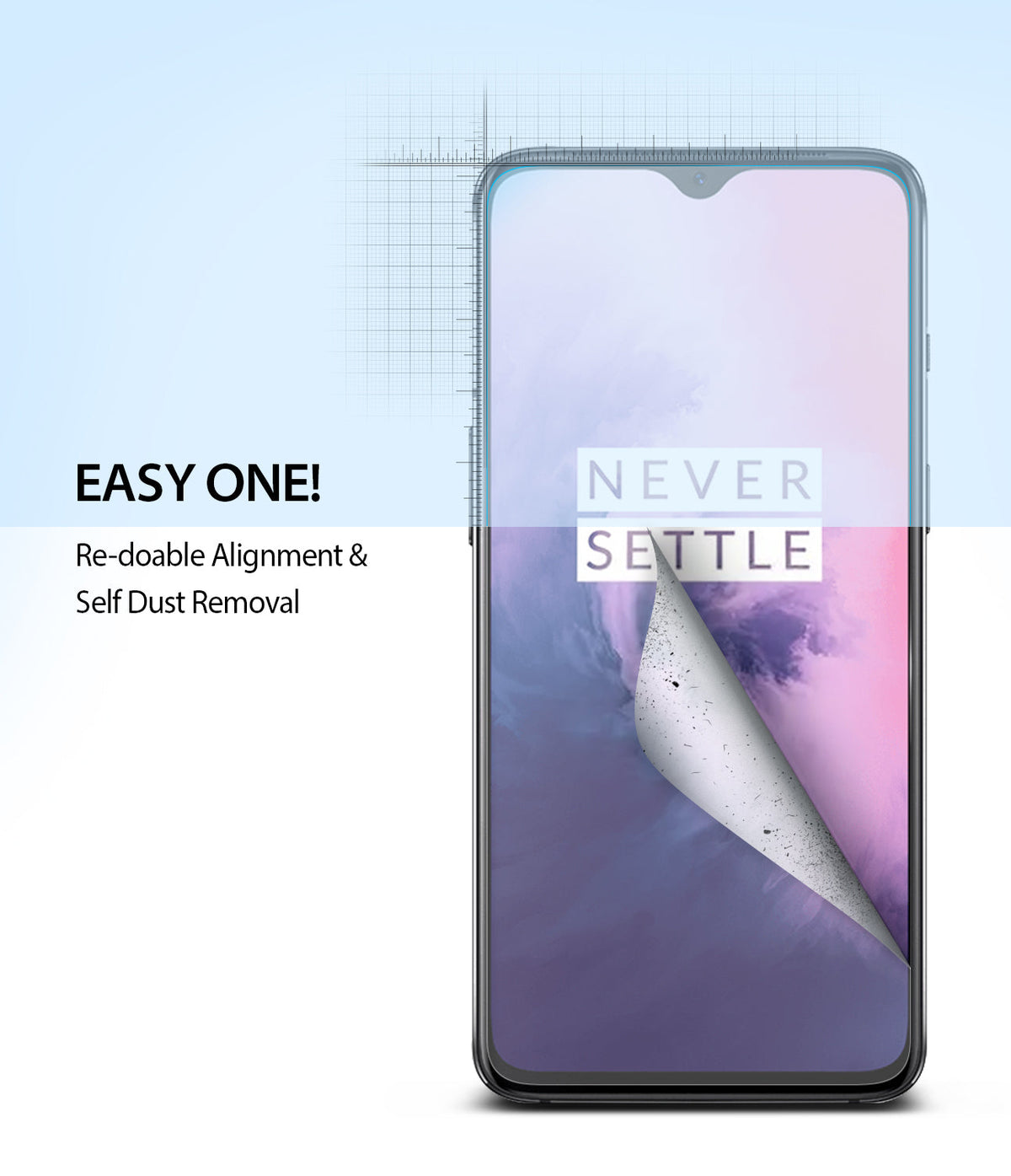 OnePlus 7 Screen Protector | Dual Easy Film - A OnePlus 7 phone with a screen protector being peeled back to remove dust.