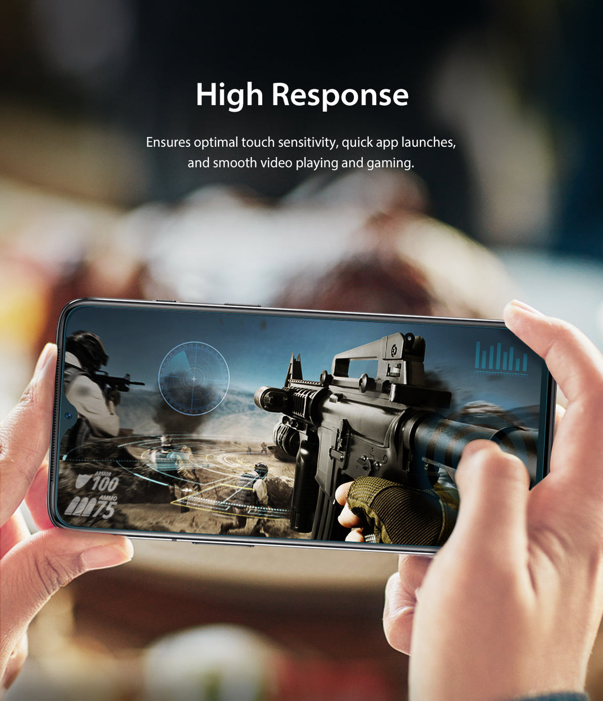 OnePlus 7 Screen Protector | Dual Easy Film - OnePlus 7 Screen Protector - Hands holding a smartphone playing a first-person shooter game to demonstrate touch sensitivity.