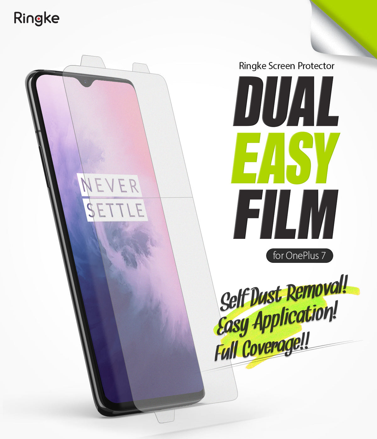 OnePlus 7 Screen Protector | Dual Easy Film - OnePlus 7 Screen Protector - A clear film being applied to a OnePlus 7 phone with text highlighting easy installation.