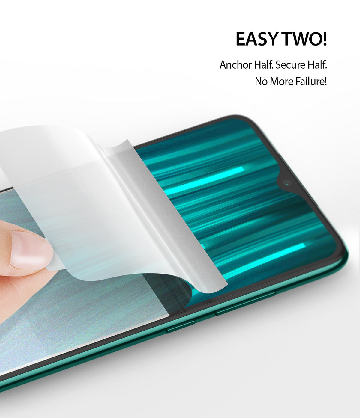 Redmi Note 8 Pro Screen Protector | Dual Easy Film - Redmi Note 8 Pro Screen Protector - A hand peeling back the protective film layer from a smartphone screen.