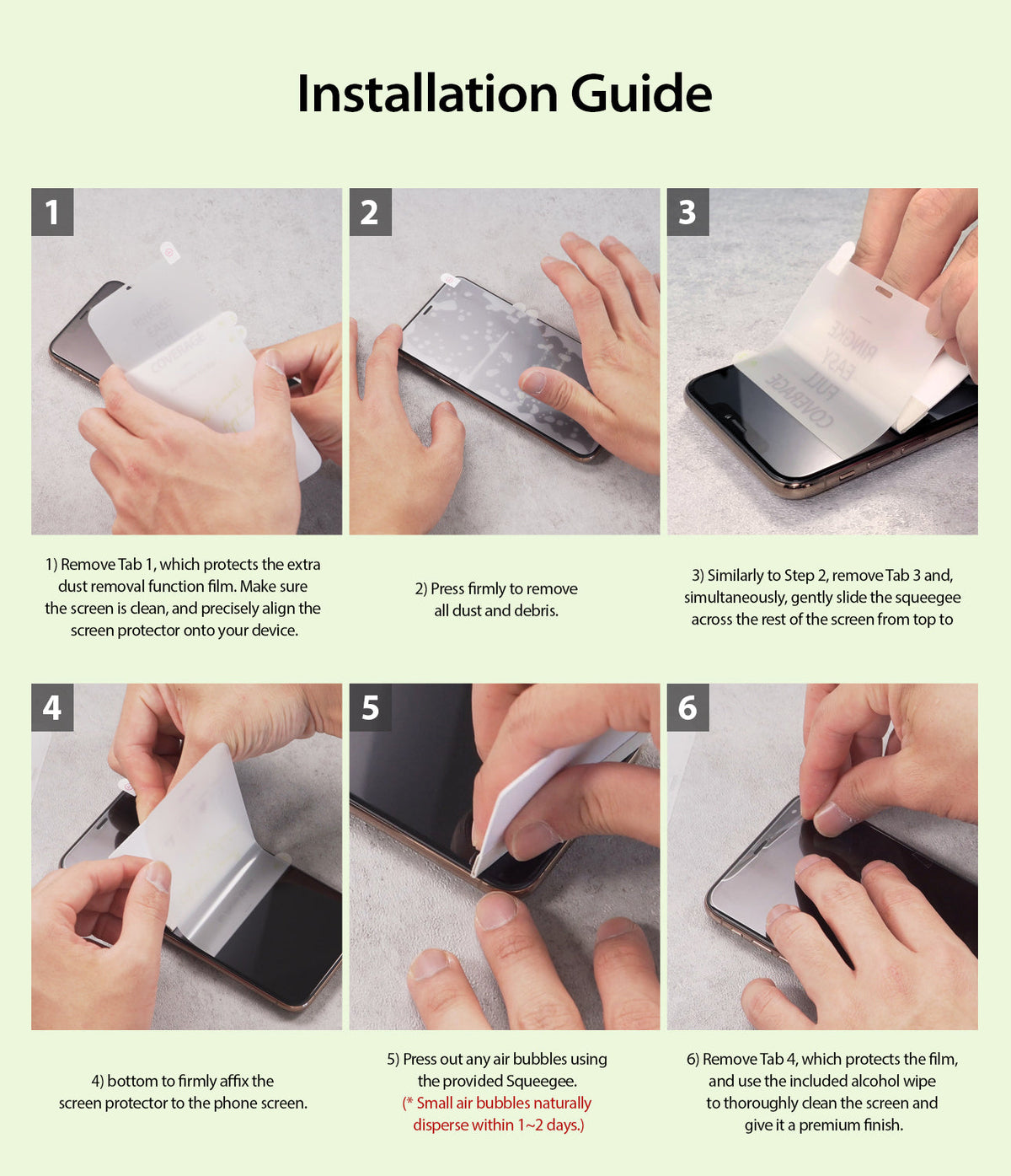 Redmi Note 8 Pro Screen Protector | Dual Easy Film - Six-step visual guide showing hands applying a screen protector.