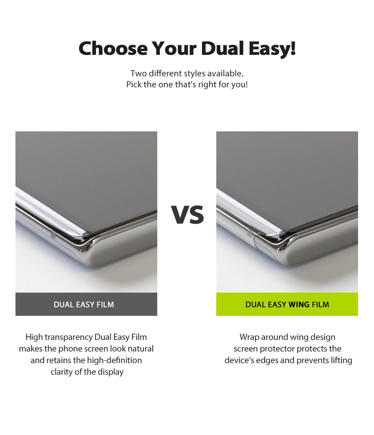 Galaxy A51 Screen Protector | Dual Easy Film Wing - Comparison of standard film vs. wrap-around wing design screen protectors.