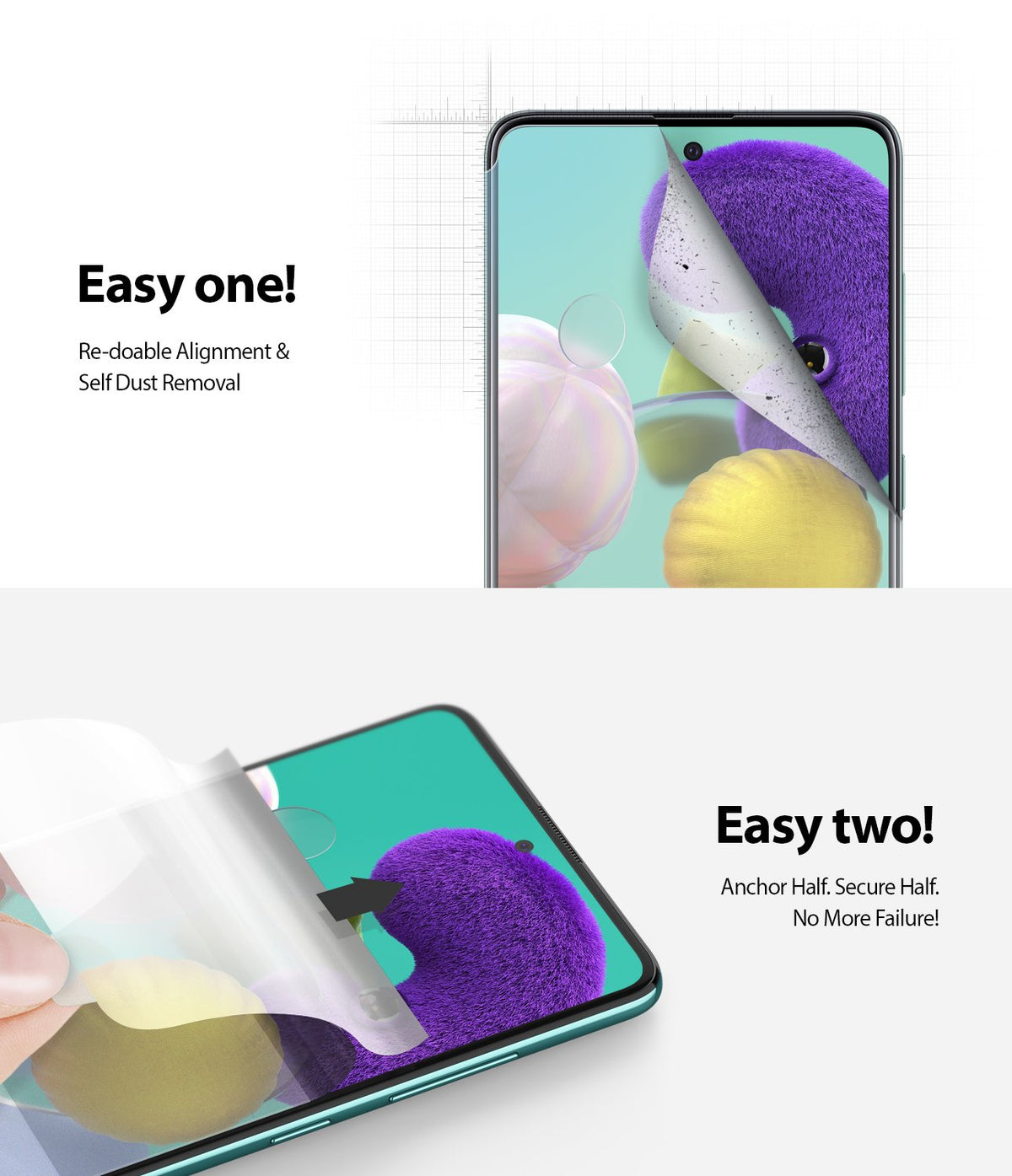 Galaxy A51 Screen Protector | Dual Easy Film Wing - Galaxy A51 Screen Protector - Two-step installation guide showing a screen protector being applied to a smartphone screen.