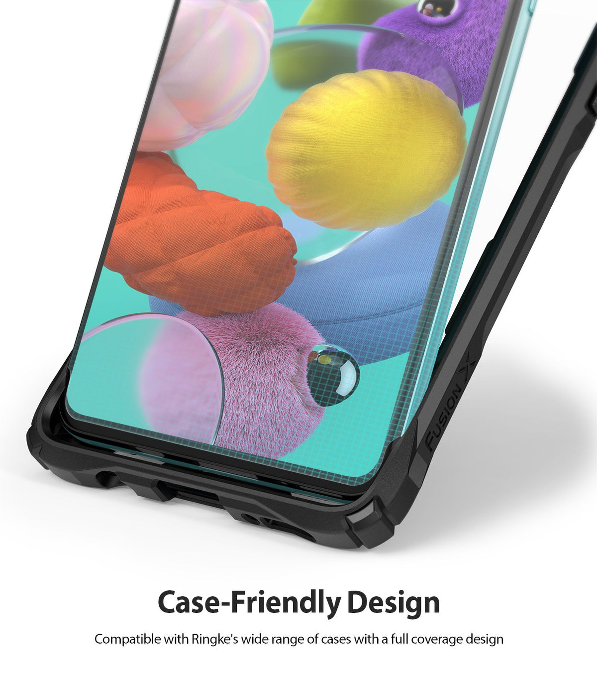 Galaxy A51 Screen Protector | Dual Easy Film Wing - Galaxy A51 Screen Protector - Close-up of a smartphone screen with a protective film inside a black Fusion X case.