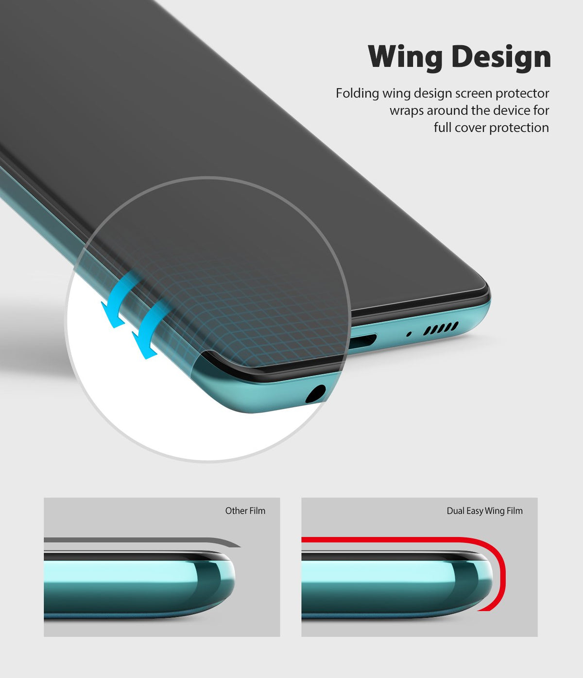 Galaxy A51 Screen Protector | Dual Easy Film Wing - Galaxy A51 Screen Protector - Close-up of a screen protector wrapping around the phone edge with a comparison diagram.