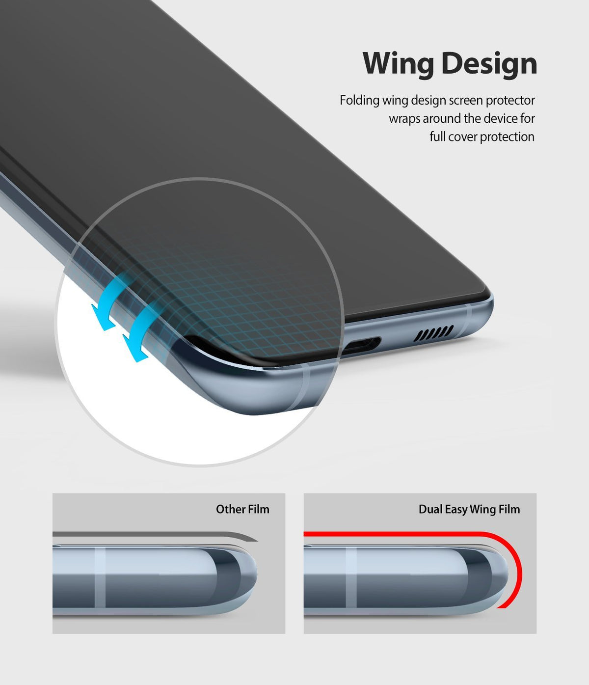 Galaxy S20 Screen Protector | Dual Easy Film - Diagram showing a screen protector wrapping around phone edges.