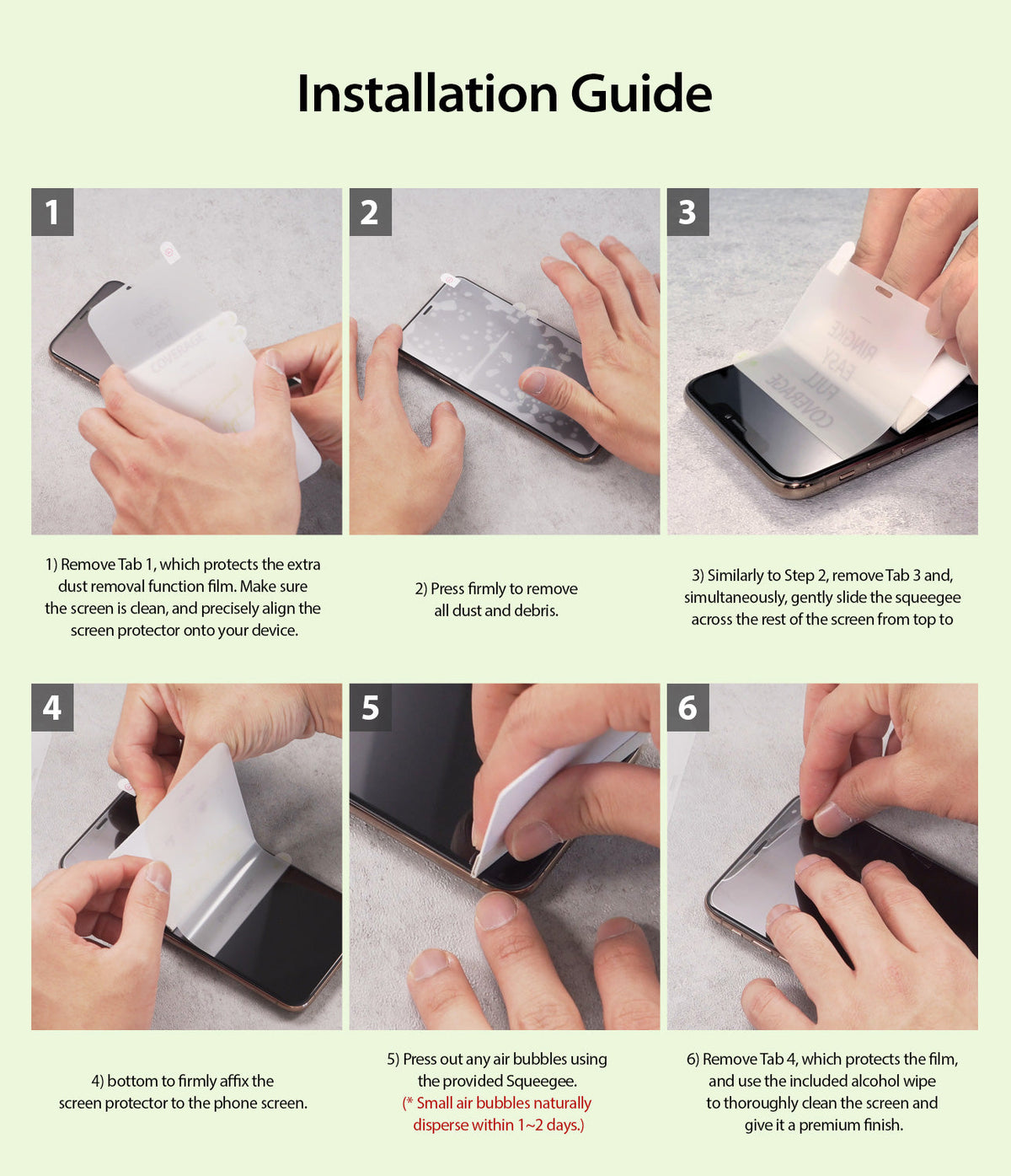 iPhone 7 / 8 / SE 2020 Screen Protector | Dual Easy Film - Six-step visual guide showing hands applying a screen protector.
