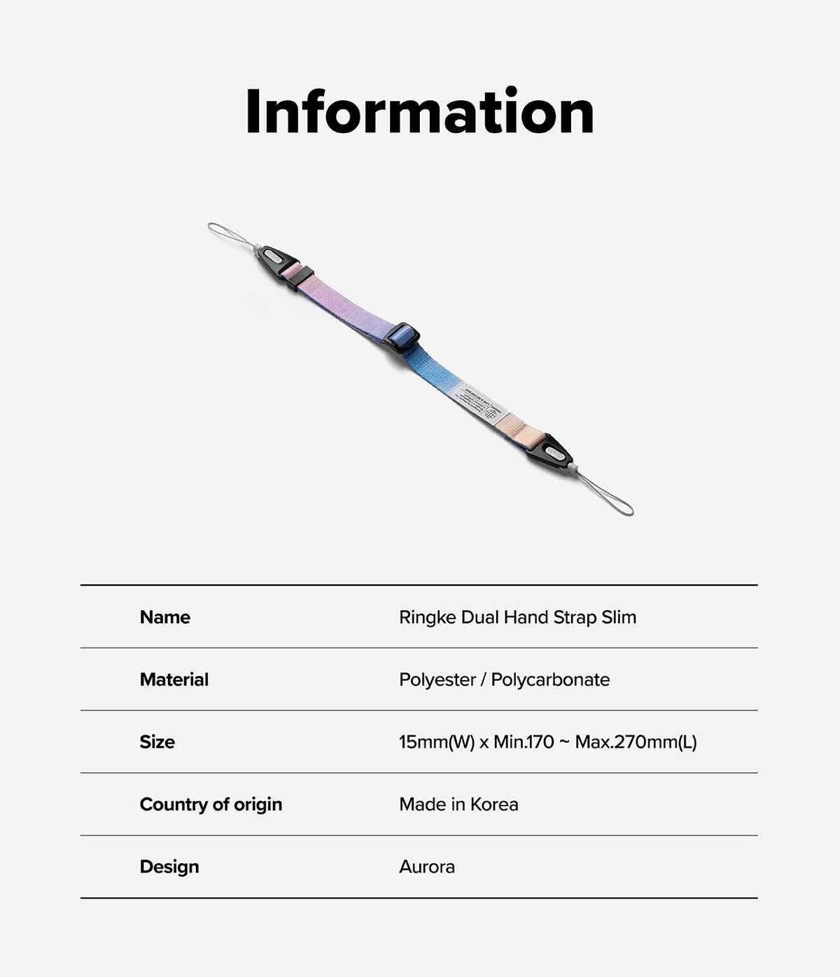 Dual Hand Slim Strap - Aurora-colored polyester hand strap with adjustable buckle and black polycarbonate connectors.