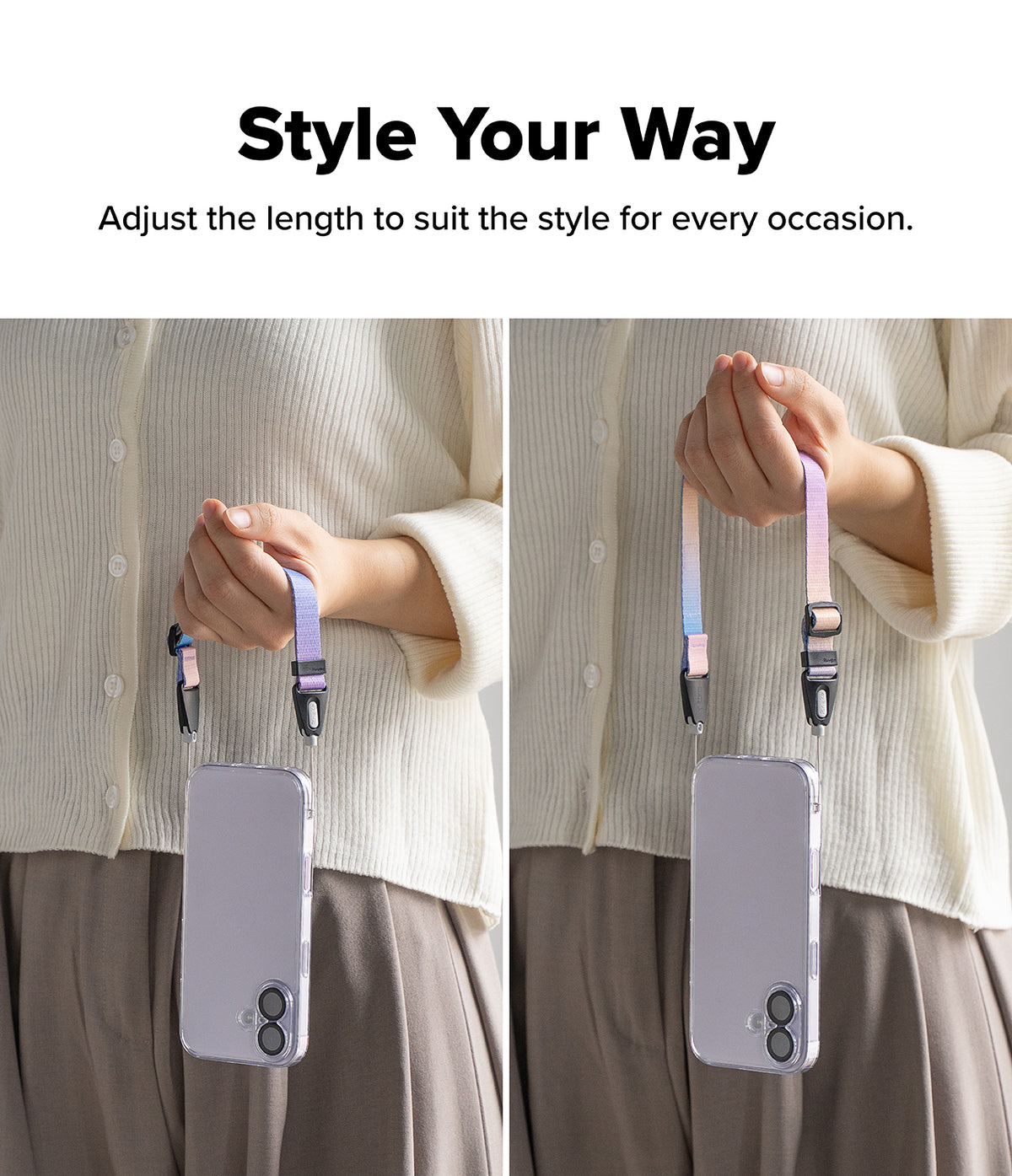 Dual Hand Slim Strap - Person demonstrating adjustable length of a pastel gradient phone wrist strap on a clear case.