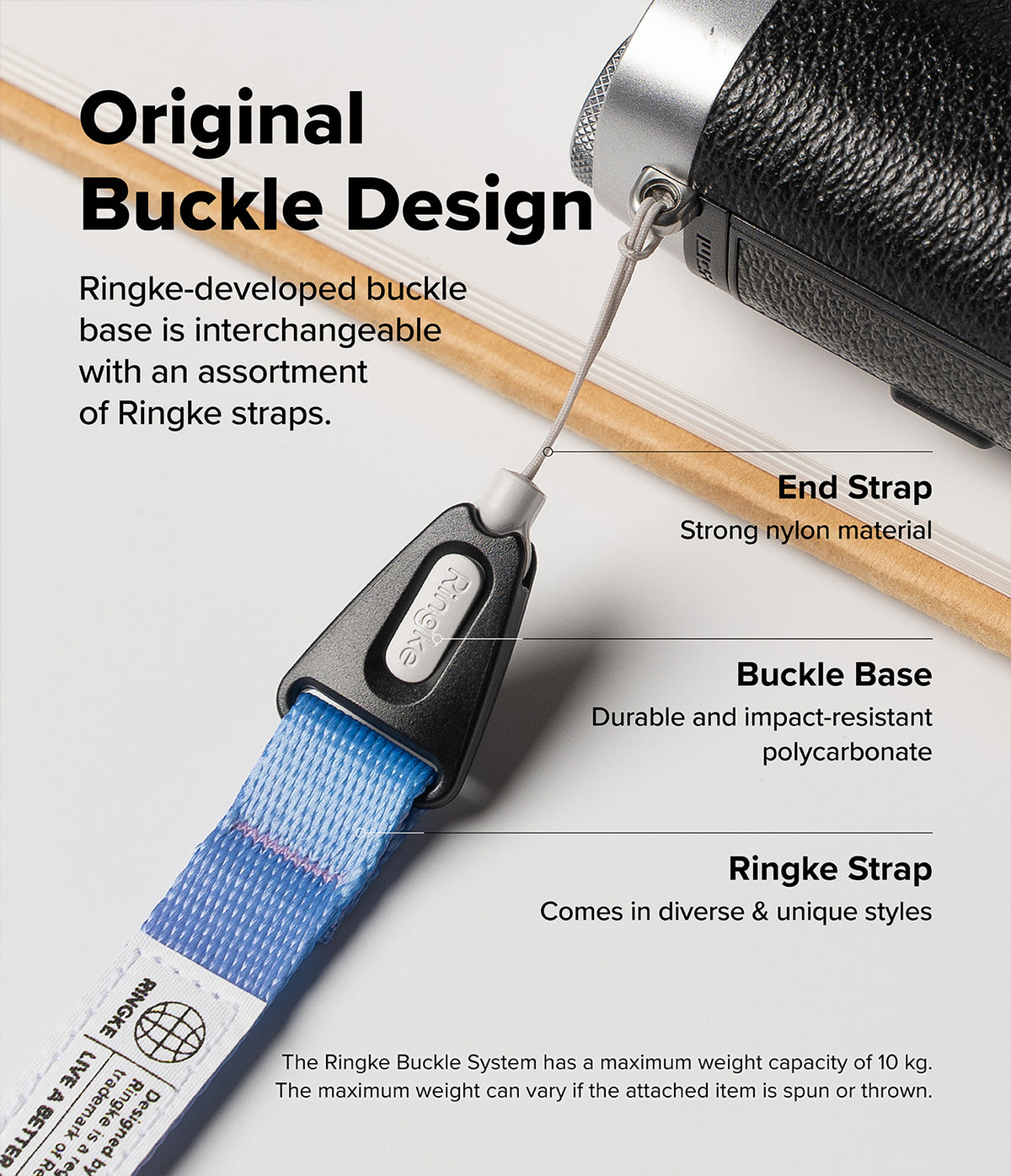 Dual Hand Slim Strap - Diagram showing a blue strap with a durable polycarbonate buckle base and strong nylon end connector.
