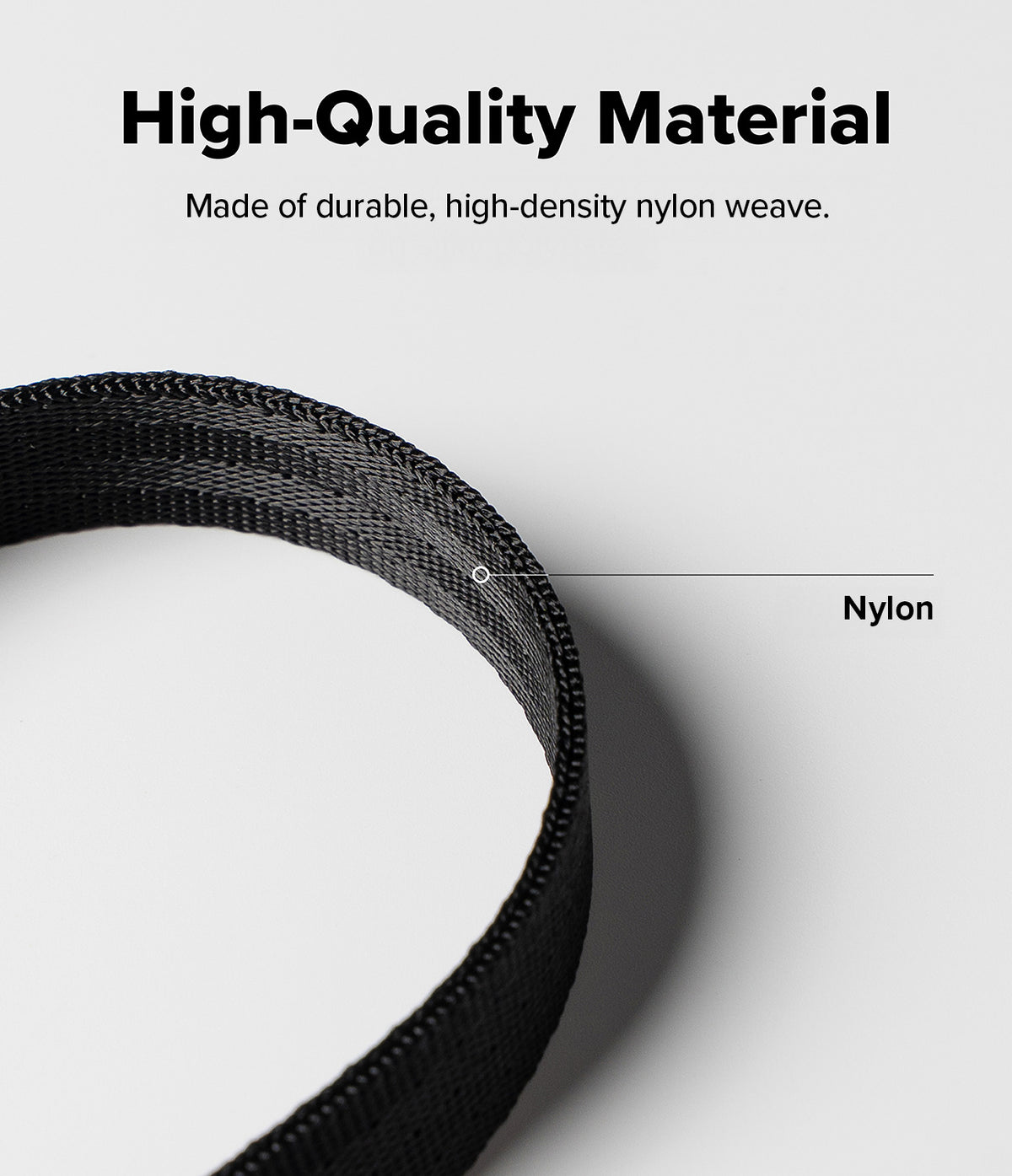 Dual Hand Slim Strap - Close-up of a black, high-density nylon weave strap with a label pointing to the material.