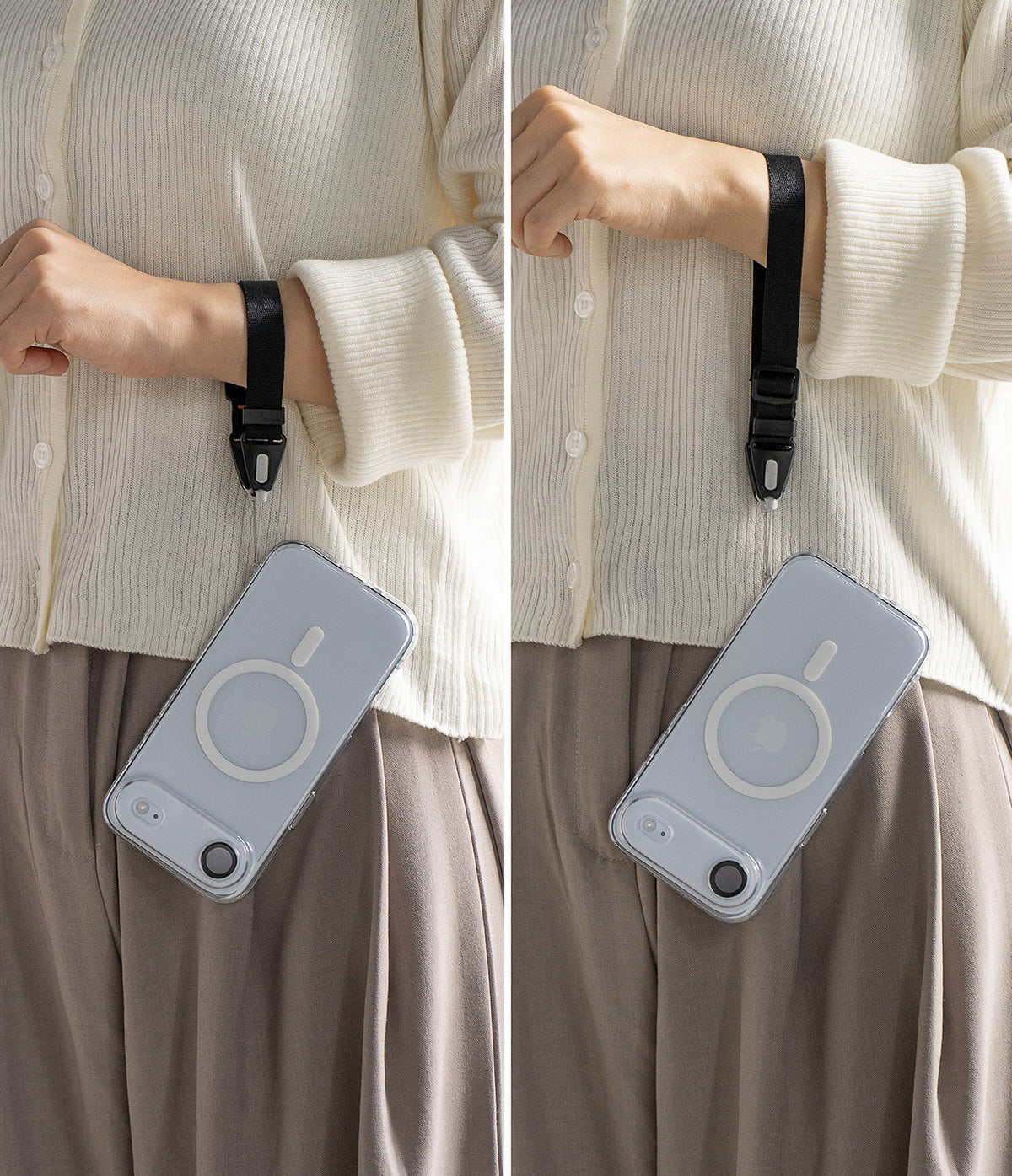 Dual Hand Slim Strap - A person wearing a black wrist strap attached to a clear smartphone case with a MagSafe ring.