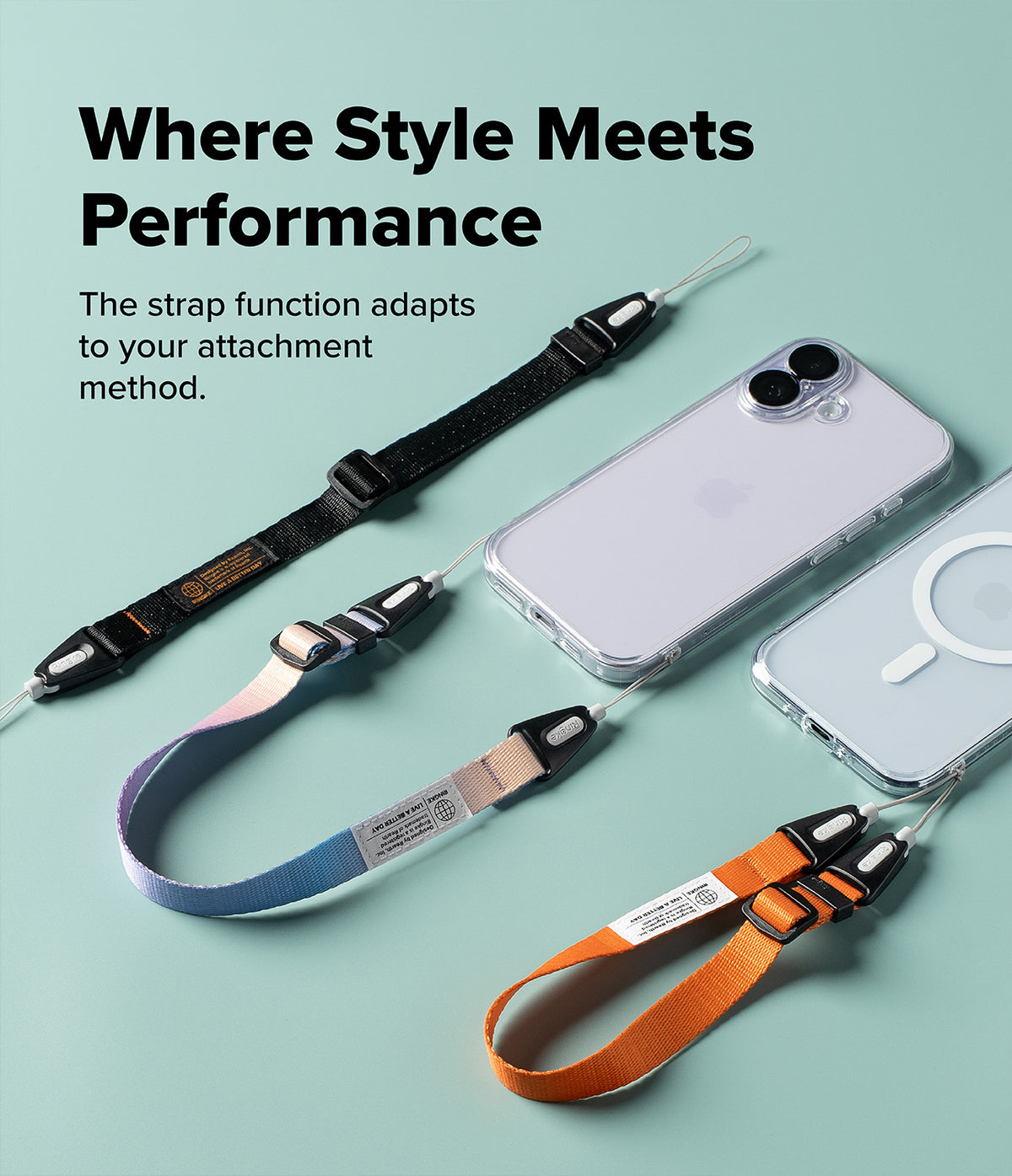 Dual Hand Slim Strap - Three colorful phone straps in black, gradient, and orange attached to clear smartphone cases.