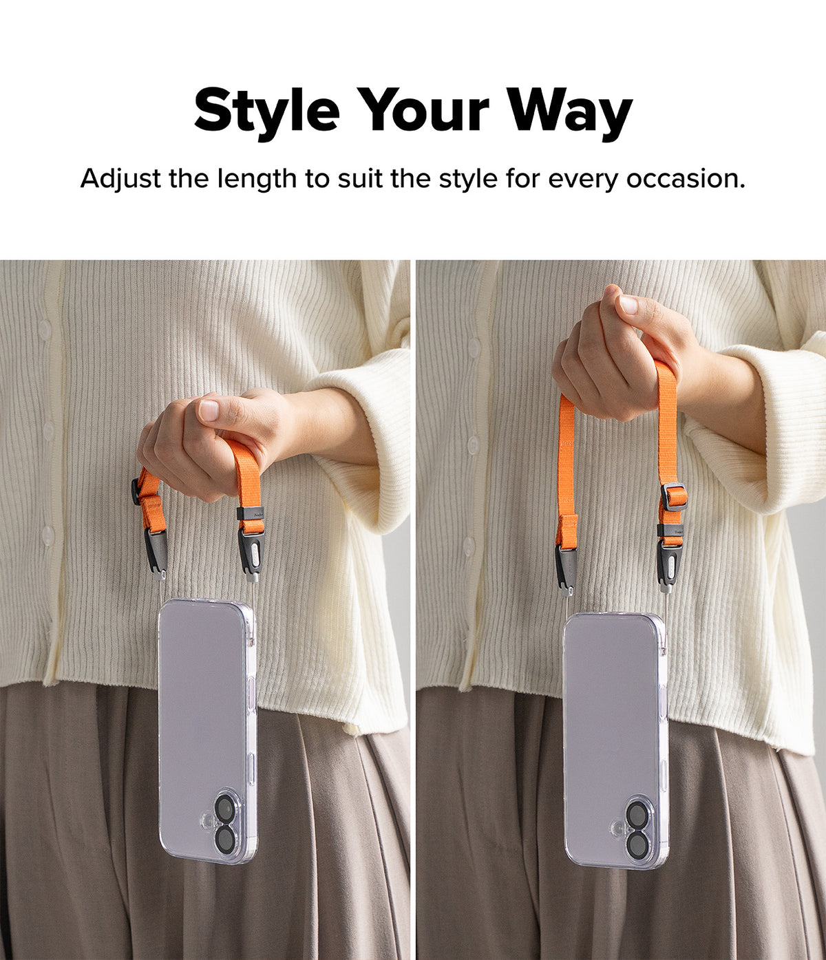 Dual Hand Slim Strap - Person holding a phone with an adjustable orange wrist strap at two different lengths.