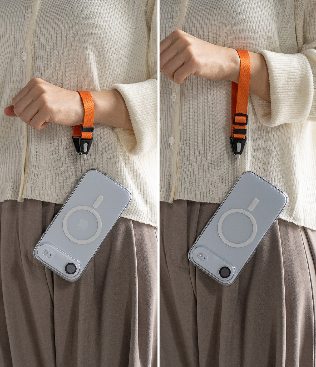Dual Hand Slim Strap - A person wearing an orange wrist strap attached to a clear phone case with a MagSafe ring.
