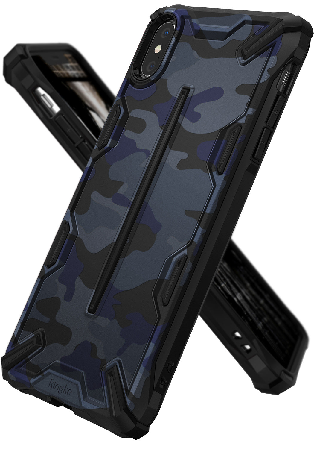 iPhone XS Max Case | Dual-X Design - Rugged blue camouflage phone case with black reinforced corners and textured frame.