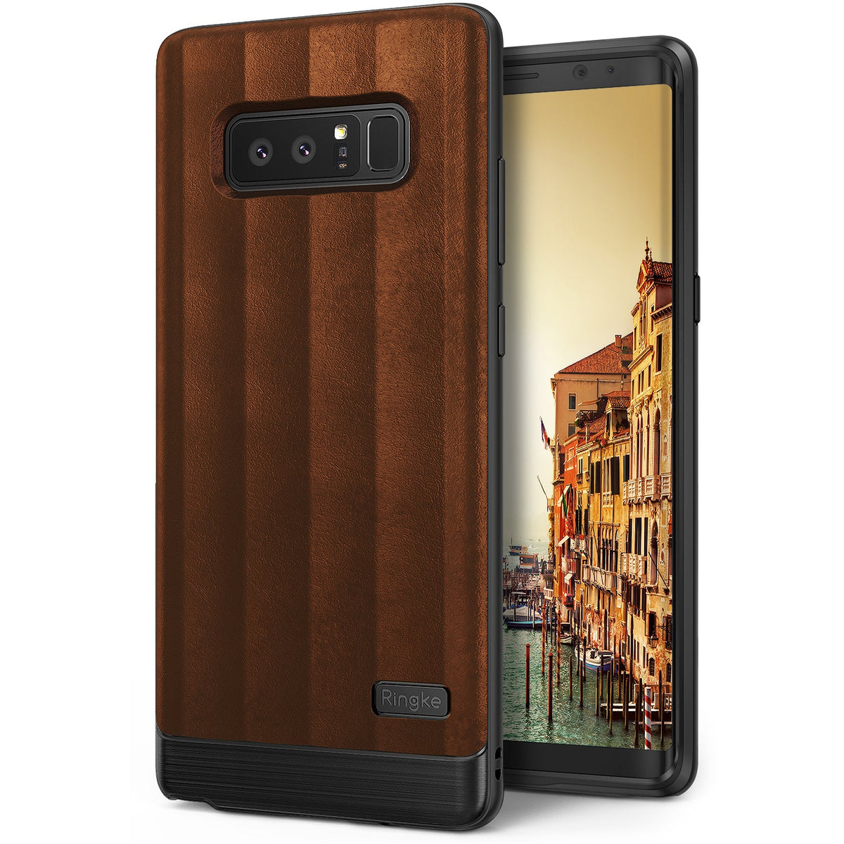 Galaxy Note 8 Case | Flex S - Brown striped textured phone case with black base and camera cutout on a Galaxy Note 8.