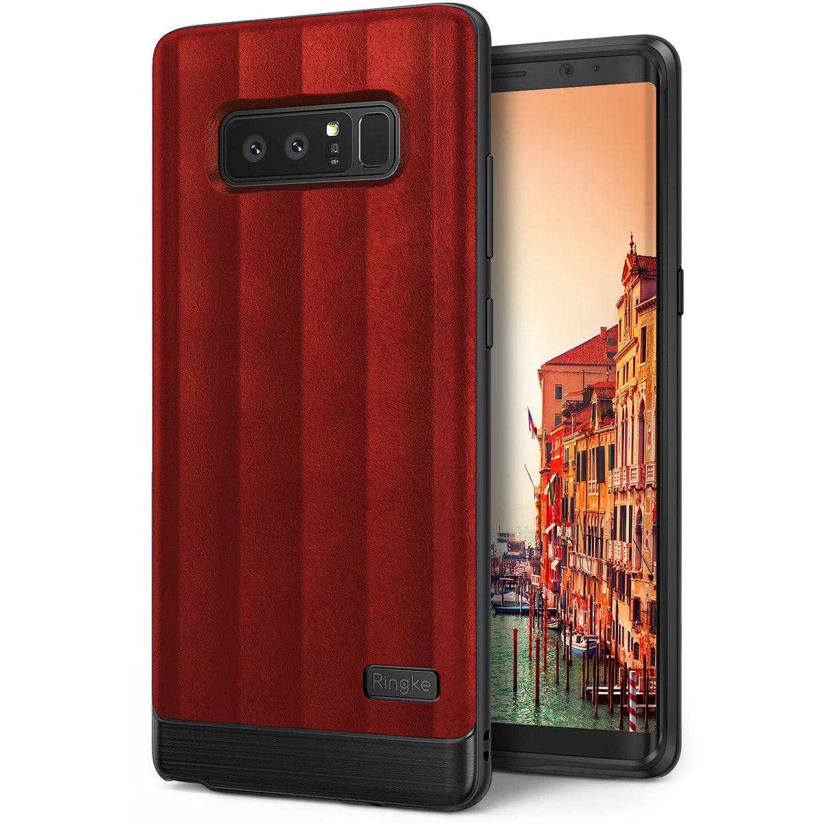 Galaxy Note 8 Case | Flex S - Red striped phone case with black base and Ringke logo, showing the phone screen with a Venice view.