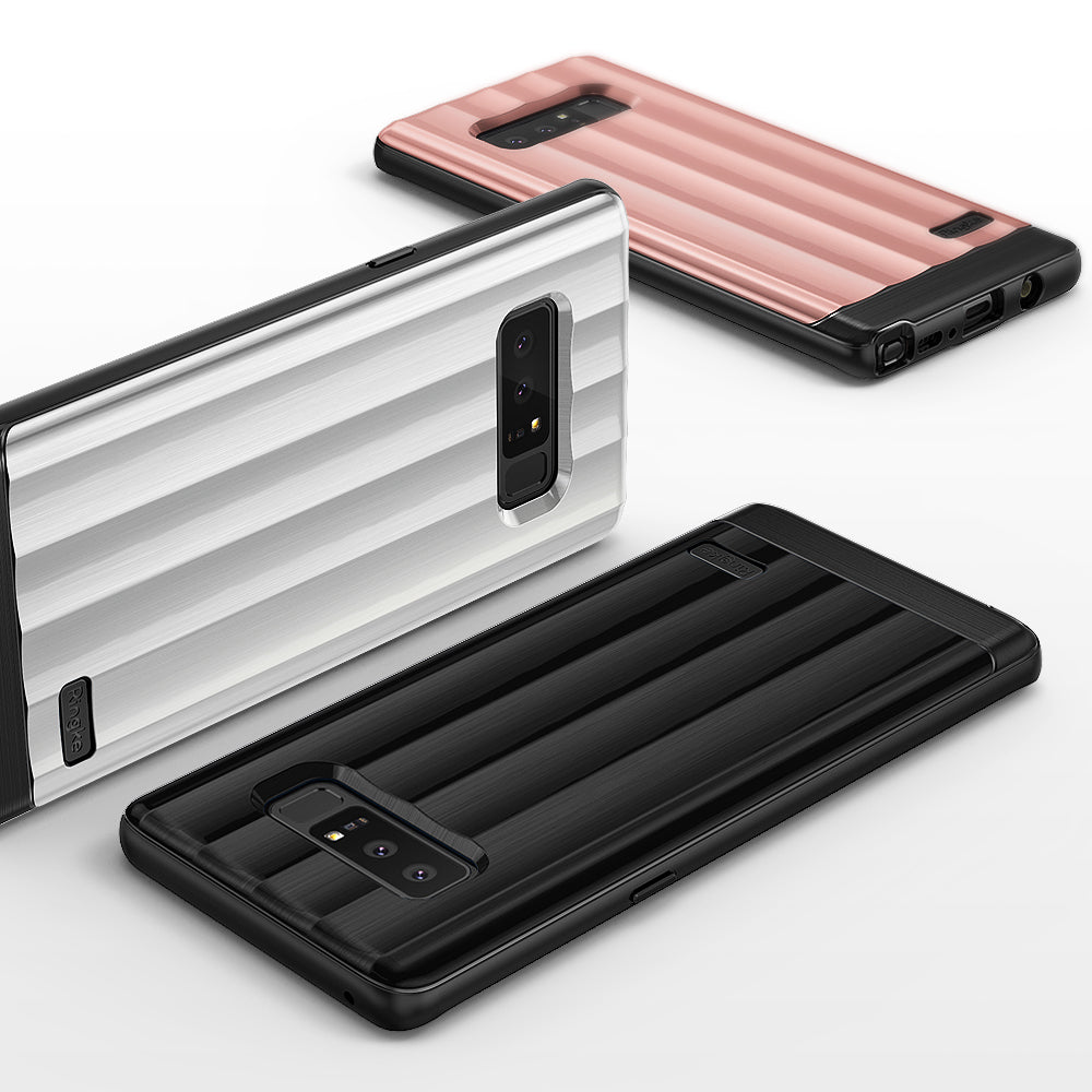 Galaxy Note 8 Case | Flex S Pro - Three ribbed phone cases in silver, rose pink, and black arranged on a white background.