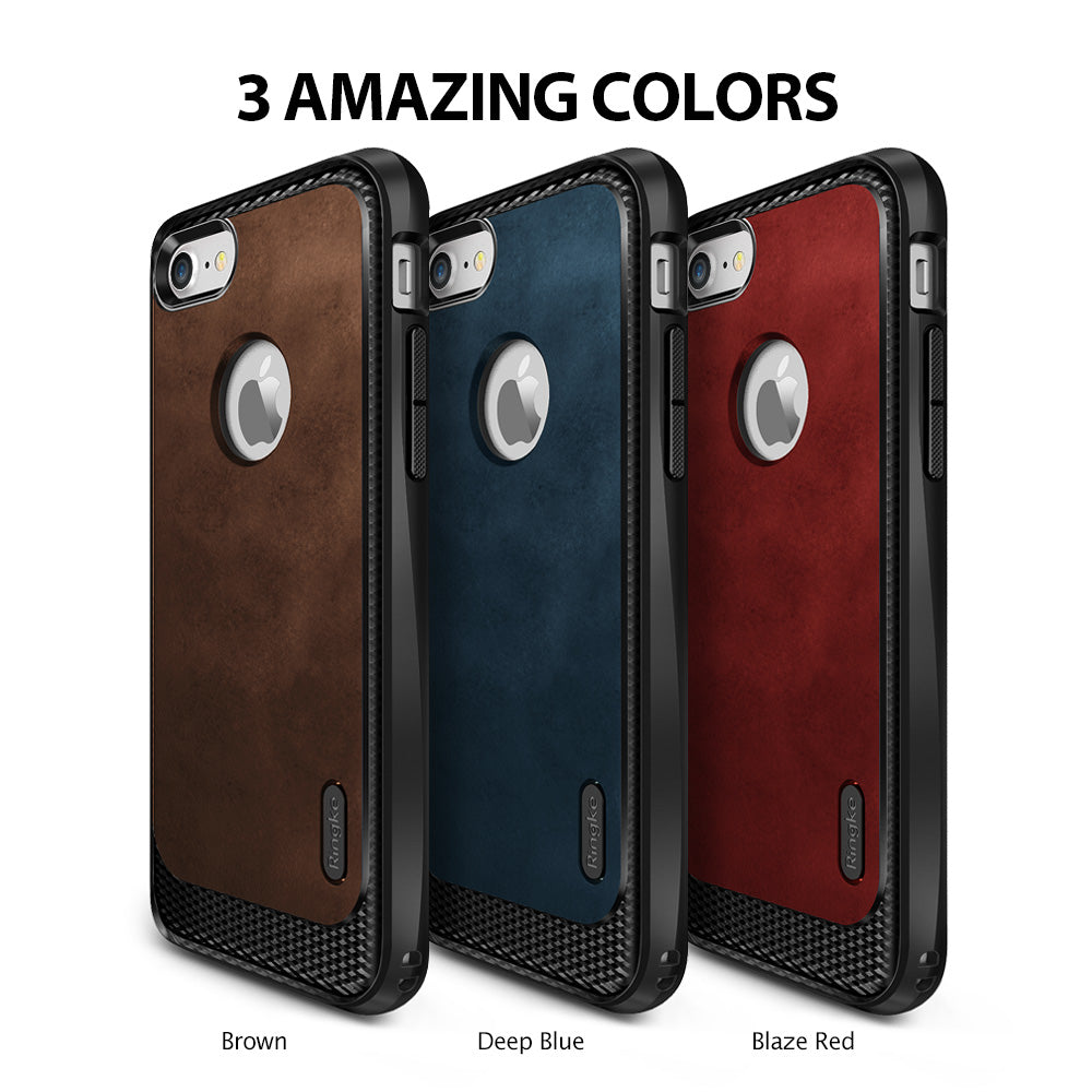 iPhone 7 Case | Flex S - Three iPhone 7 cases in brown, deep blue, and blaze red with black carbon fiber accents.