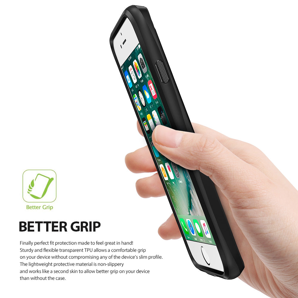 iPhone 7 Case | Flex S - A hand holding an iPhone 7 in a black, slim-fit protective case, highlighting the non-slip grip.