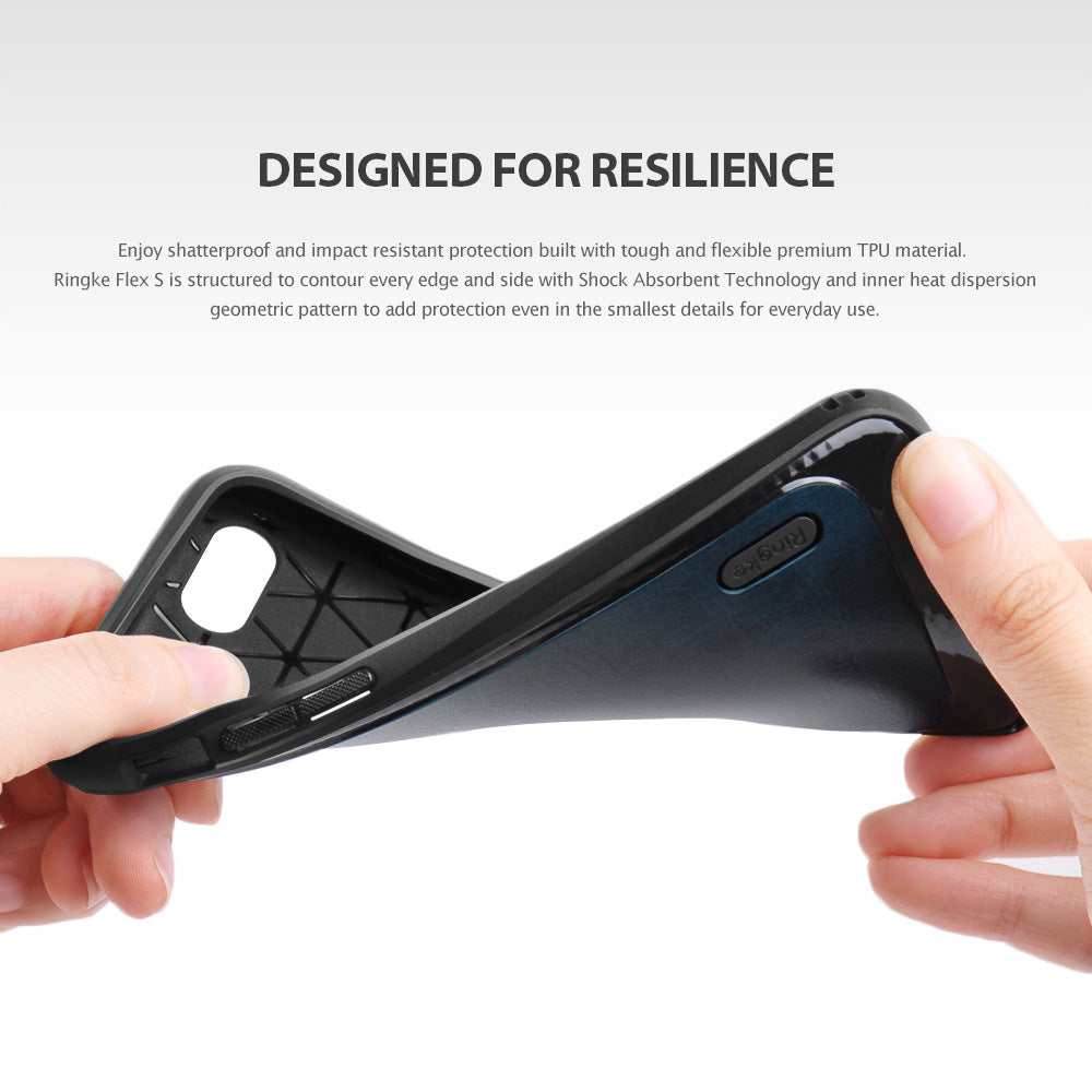iPhone 7 Case | Flex S - Hands bending a flexible black TPU phone case showing the inner geometric heat dispersion pattern.
