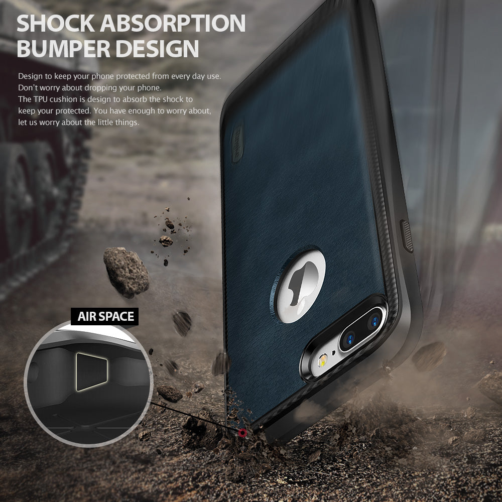 iPhone 7 Plus Case | Flex S - Dark blue phone case hitting dirt with an inset showing internal air space shock absorption.