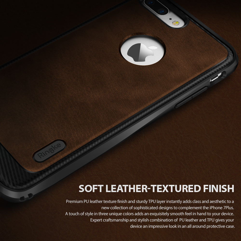 iPhone 7 Plus Case | Flex S - Brown leather-textured phone case with black TPU edges and a circular cutout for the Apple logo.