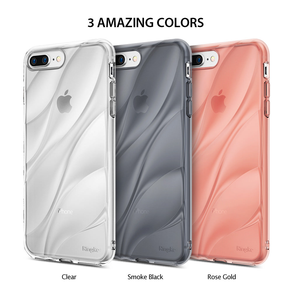 iPhone 8 Plus / 7 Plus Case | Flow - Three clear, wavy-textured phone cases in clear, smoke black, and rose gold.