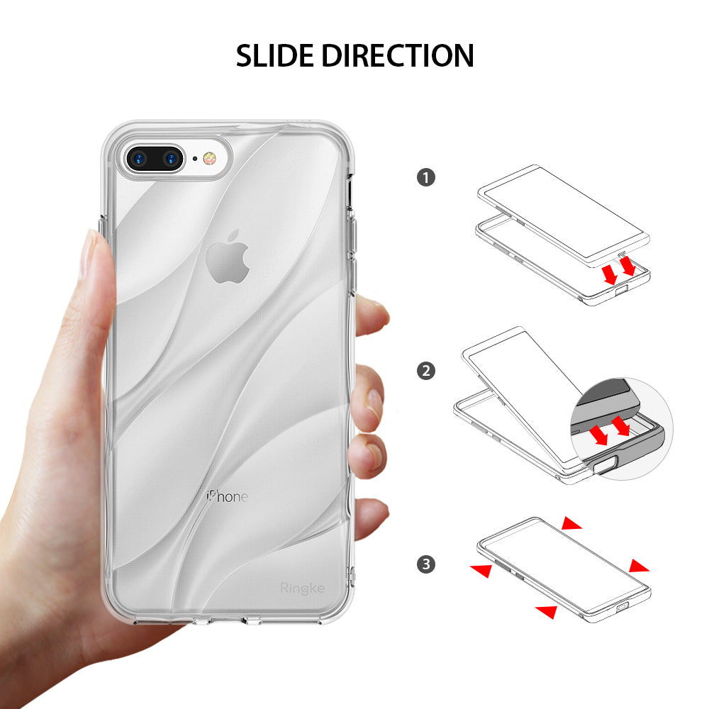 iPhone 8 Plus / 7 Plus Case | Flow - Hand holding a clear phone case with a three-step diagram showing how to insert the phone.