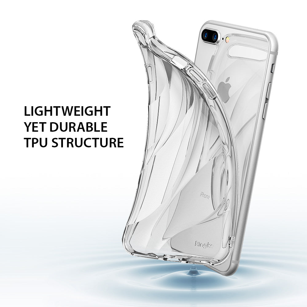 iPhone 8 Plus / 7 Plus Case | Flow - Flexible clear TPU phone case being peeled back from an iPhone, showing a wavy pattern.
