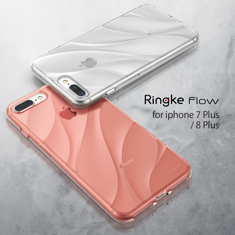 iPhone 8 Plus / 7 Plus Case | Flow - Two clear phone cases with wavy patterns in transparent and rose gold on a marble surface.