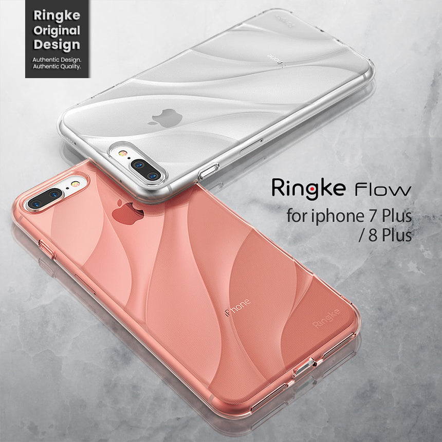 iPhone 8 Plus / 7 Plus Case | Flow - Two clear iPhone cases with wavy patterns in transparent and rose gold on a gray background.