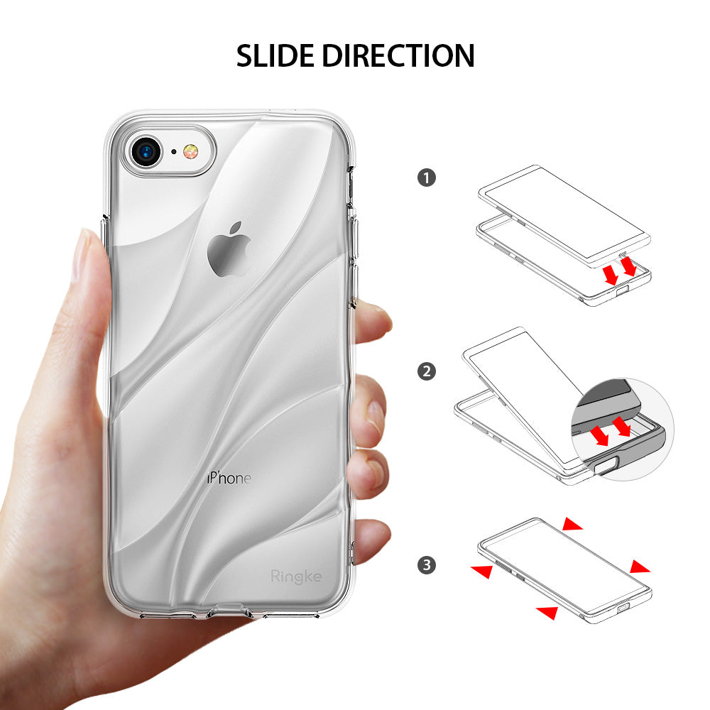 iPhone 8 / 7 / SE 2020 Case | Flow - Hand holding a clear phone case with three diagrams showing how to slide the phone in.