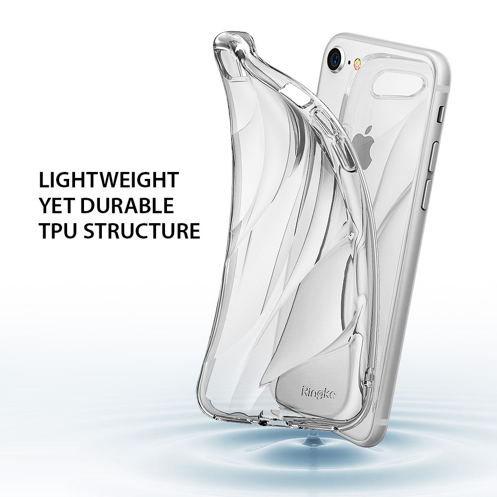 iPhone 8 / 7 / SE 2020 Case | Flow - Flexible clear TPU case being pulled away from an iPhone, with text highlighting durability.