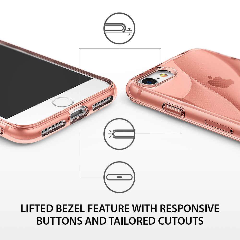 iPhone 8 / 7 / SE 2020 Case | Flow - Rose gold phone case showing lifted screen bezels, responsive buttons, and precise cutouts.