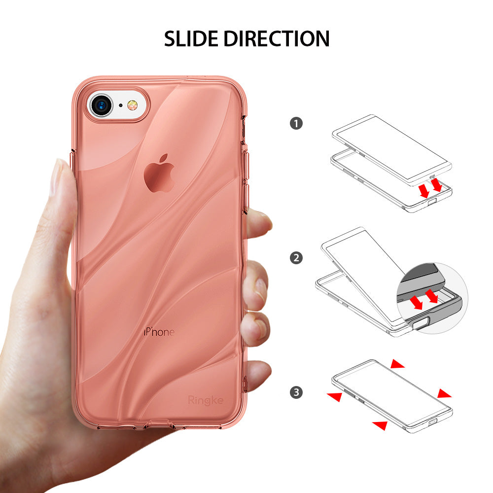 iPhone 8 / 7 / SE 2020 Case | Flow - Rose gold wavy phone case held in hand with three-step installation diagram.
