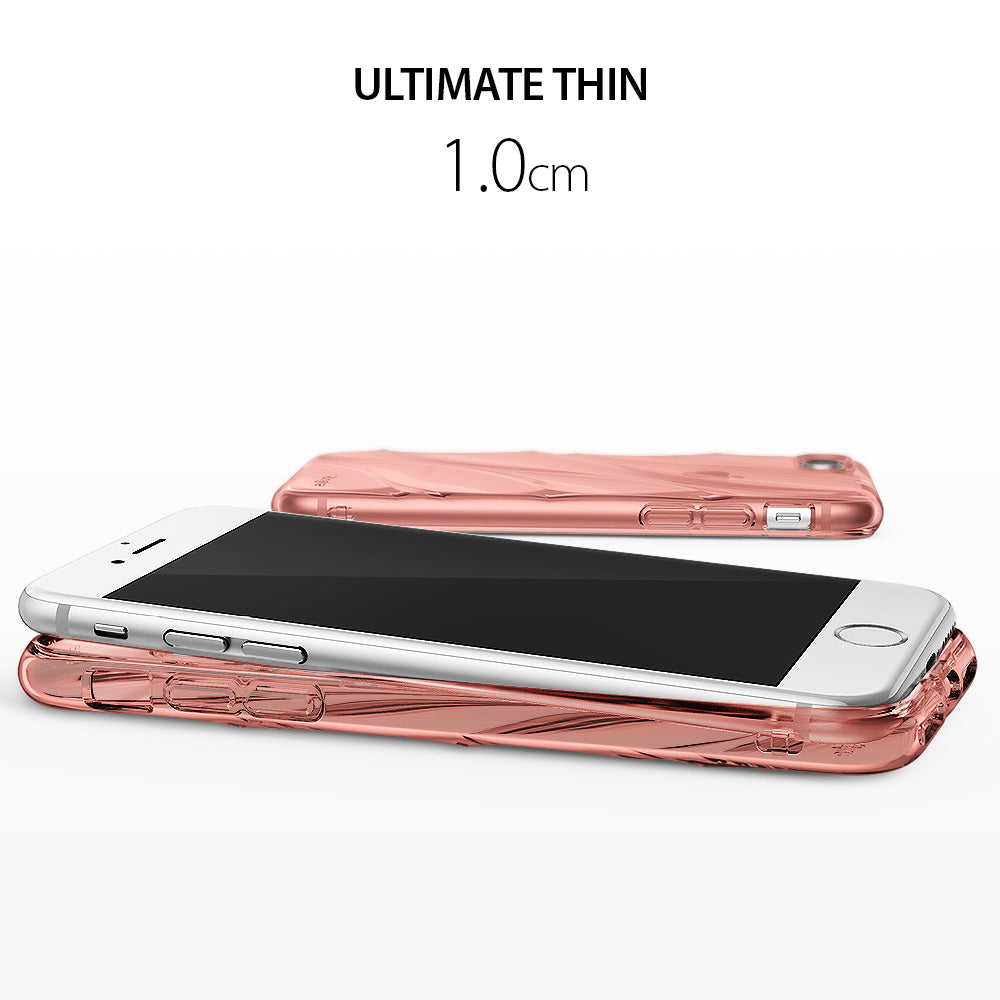 iPhone 8 / 7 / SE 2020 Case | Flow - Rose gold phone case with a wavy texture shown on and beside a white iPhone.