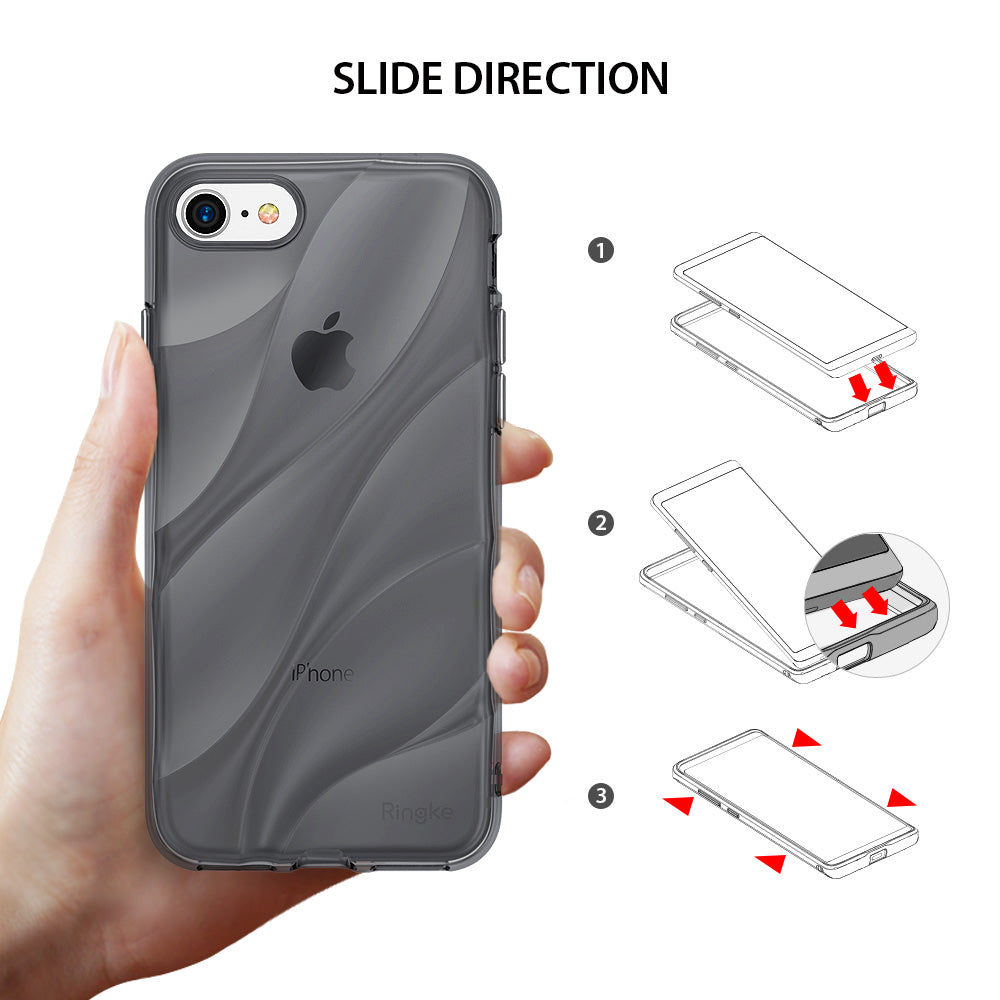 iPhone 8 / 7 / SE 2020 Case | Flow - Hand holding a smoke black phone case with a 3-step installation diagram.