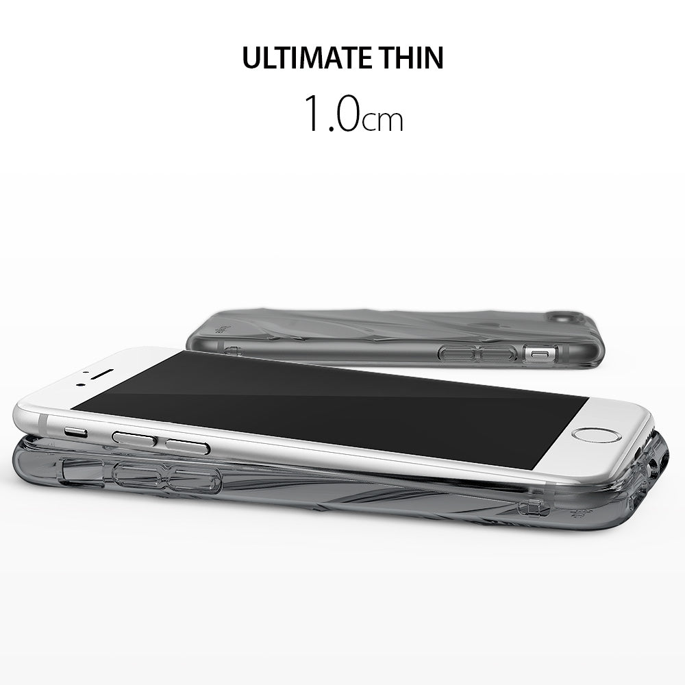 iPhone 8 / 7 / SE 2020 Case | Flow - A silver iPhone in a thin, translucent smoke-black case with a wavy texture.