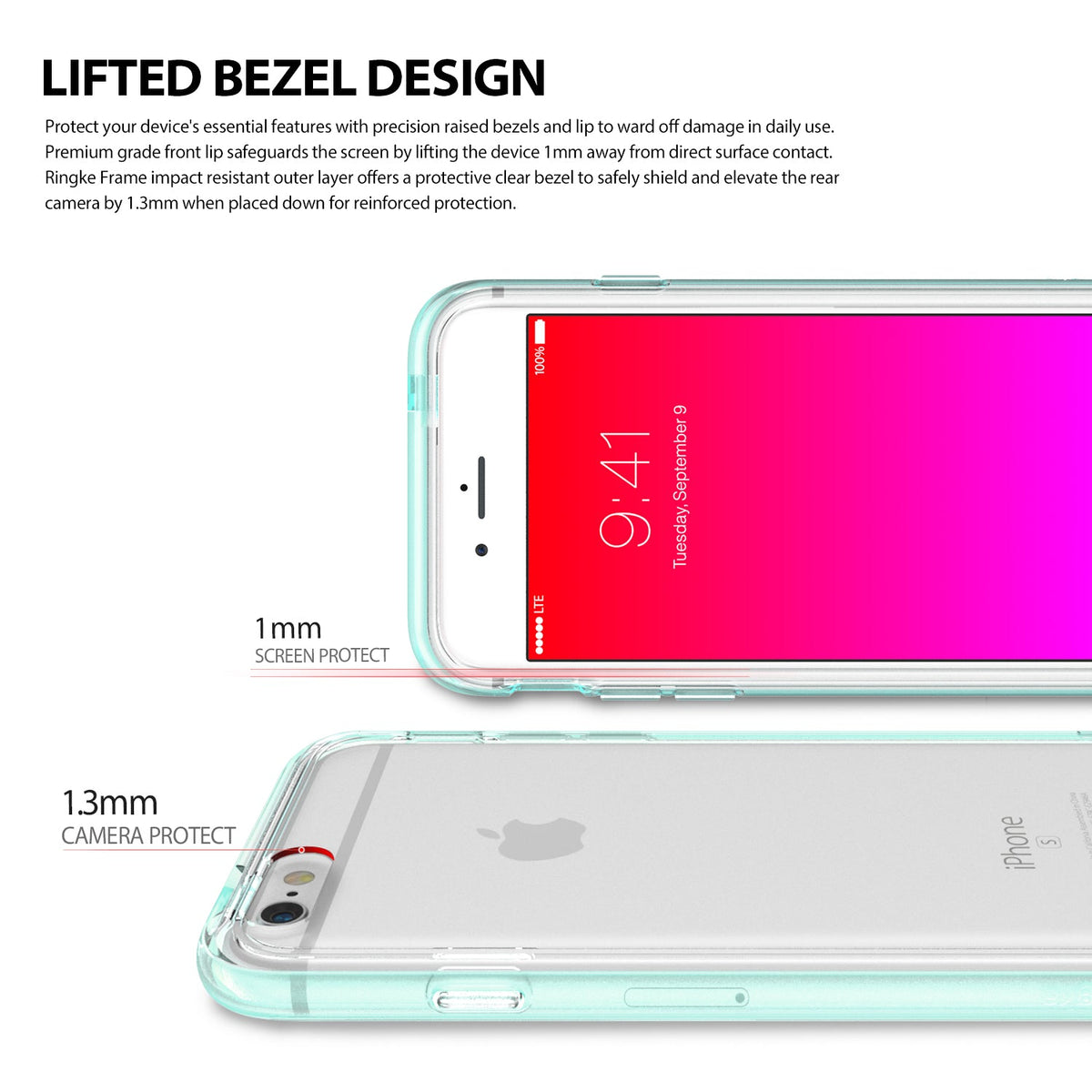 iPhone 6s / 6 Case | Frame - iPhone with clear case showing 1mm screen and 1.3mm camera raised bezel protection.
