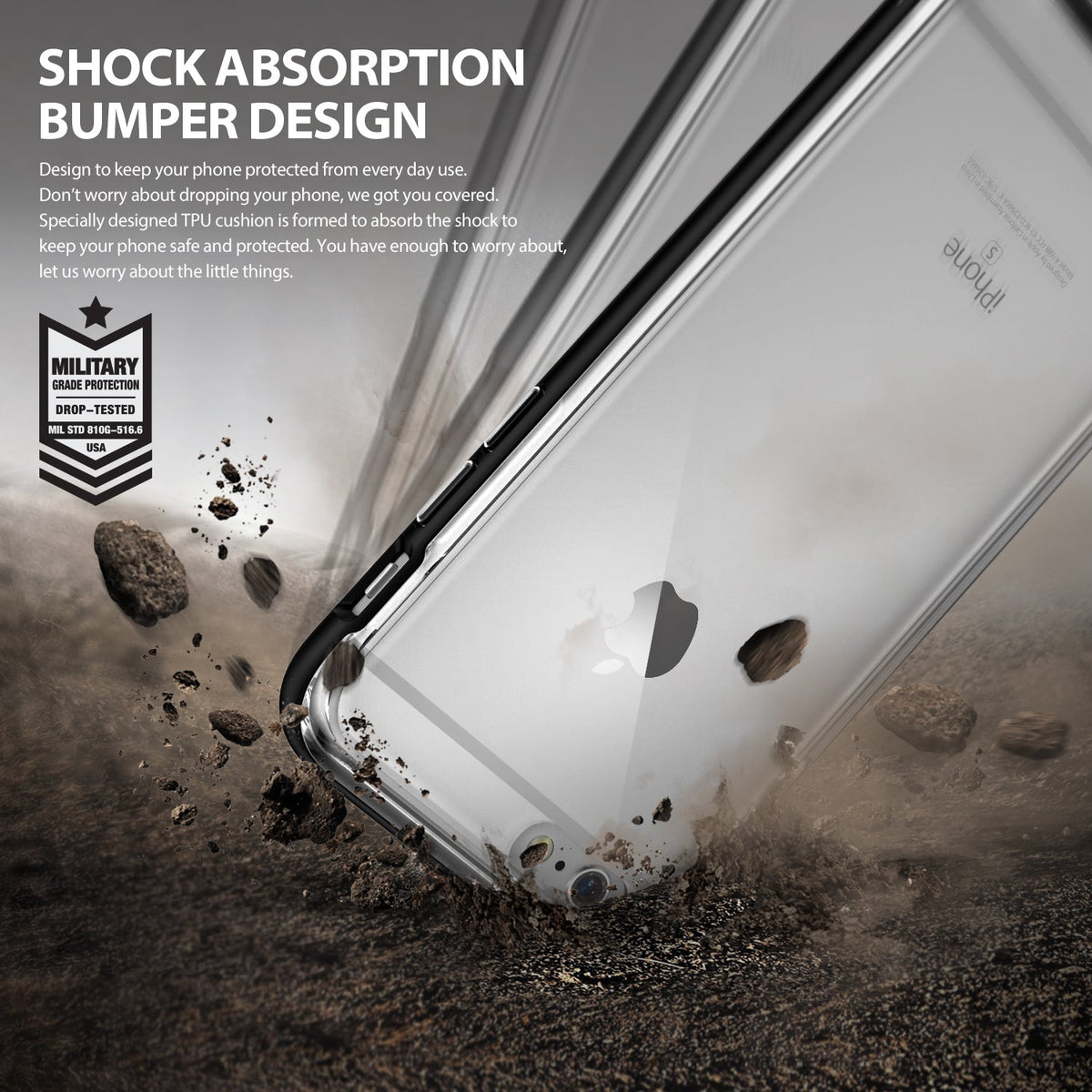 iPhone 6s / 6 Case | Frame - iPhone 6s in a protective bumper case hitting the ground with dust and rocks flying.